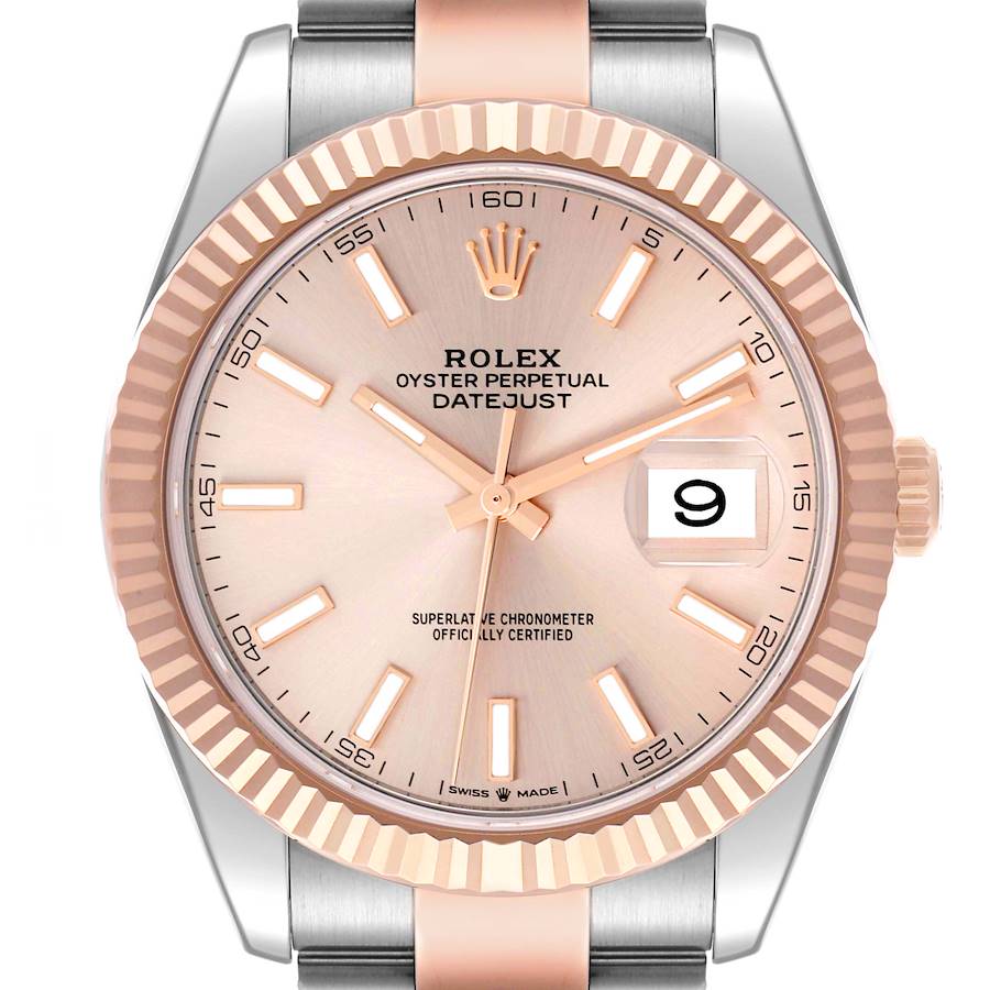 The Rolex Datejust 41 126331 Men's Steel and Gold (two tone) Pink Dial is shown from the front, highlighting its pink dial, fluted bezel, and date window at 3 o'clock.