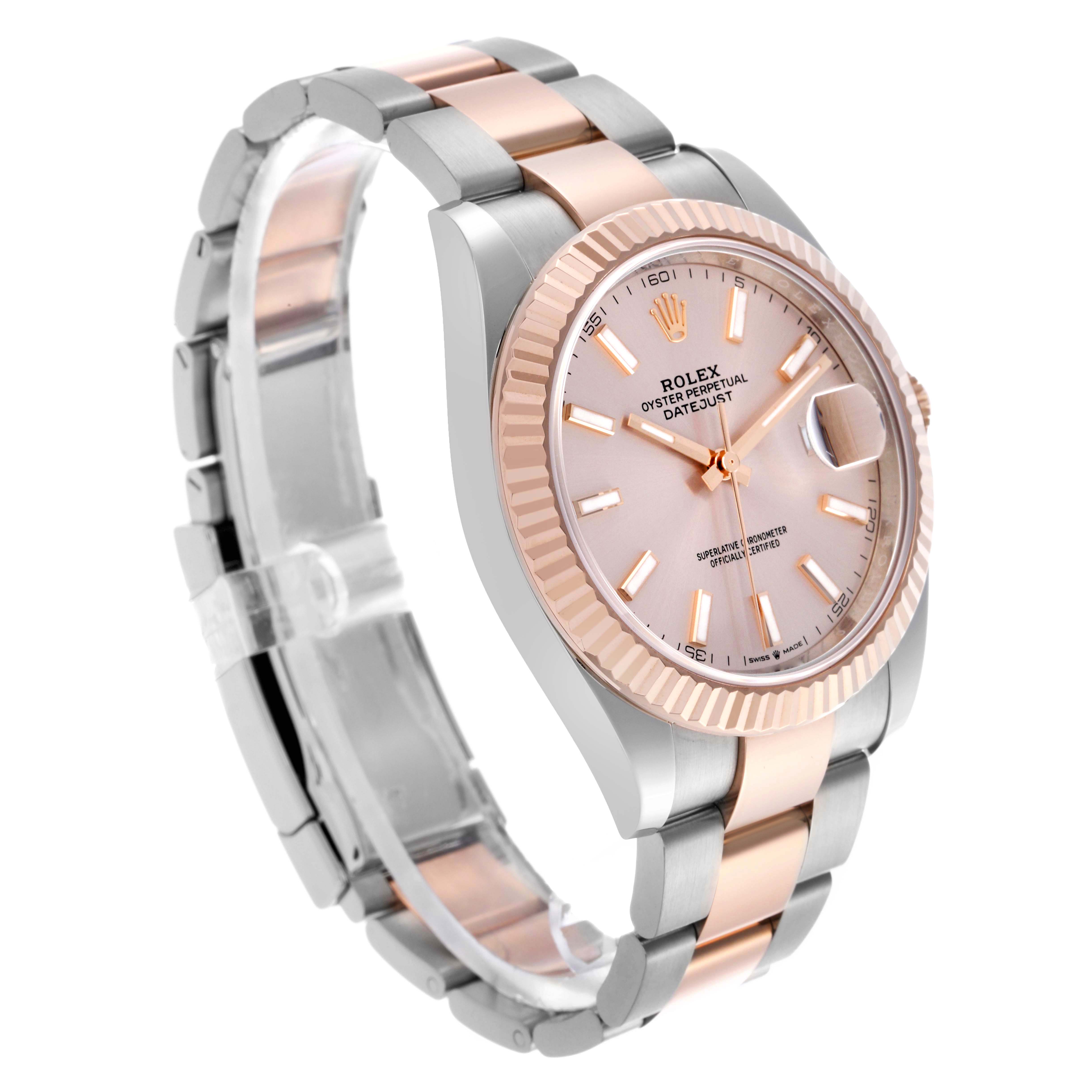 The Rolex Datejust 41 126331 Men's Steel and Gold (two tone) Pink Dial is shown at a three-quarter angle, highlighting its fluted bezel, dial, and two-tone bracelet.