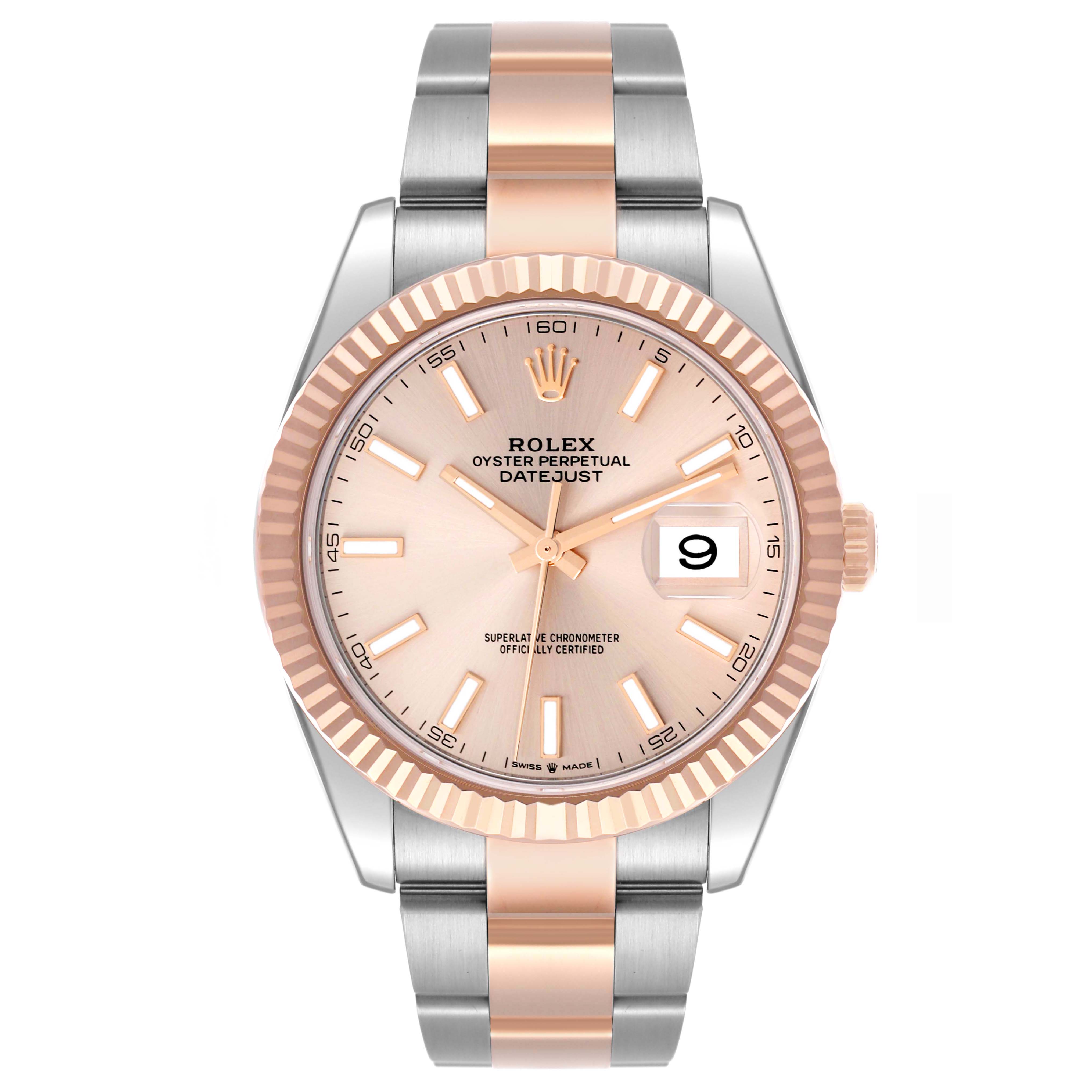 The Rolex Datejust 41 126331 Men's Steel and Gold (two tone) Pink Dial is shown from the front, highlighting the dial, bezel, case, and bracelet.