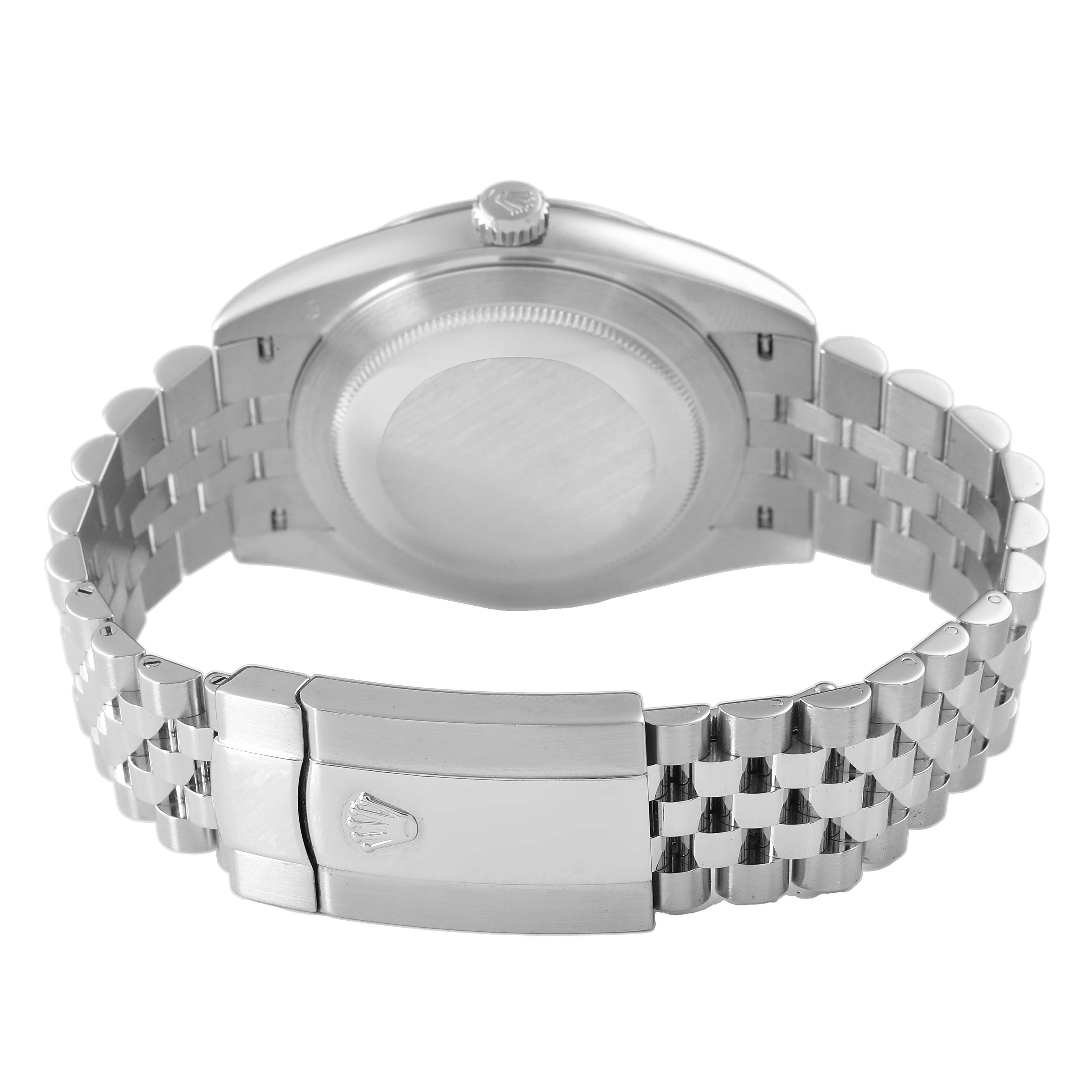 The image shows the back of a Rolex Datejust 41 126334 Men's Steel and Gold (two tone) Grey Dial, highlighting its case back, crown, and Jubilee bracelet with clasp.