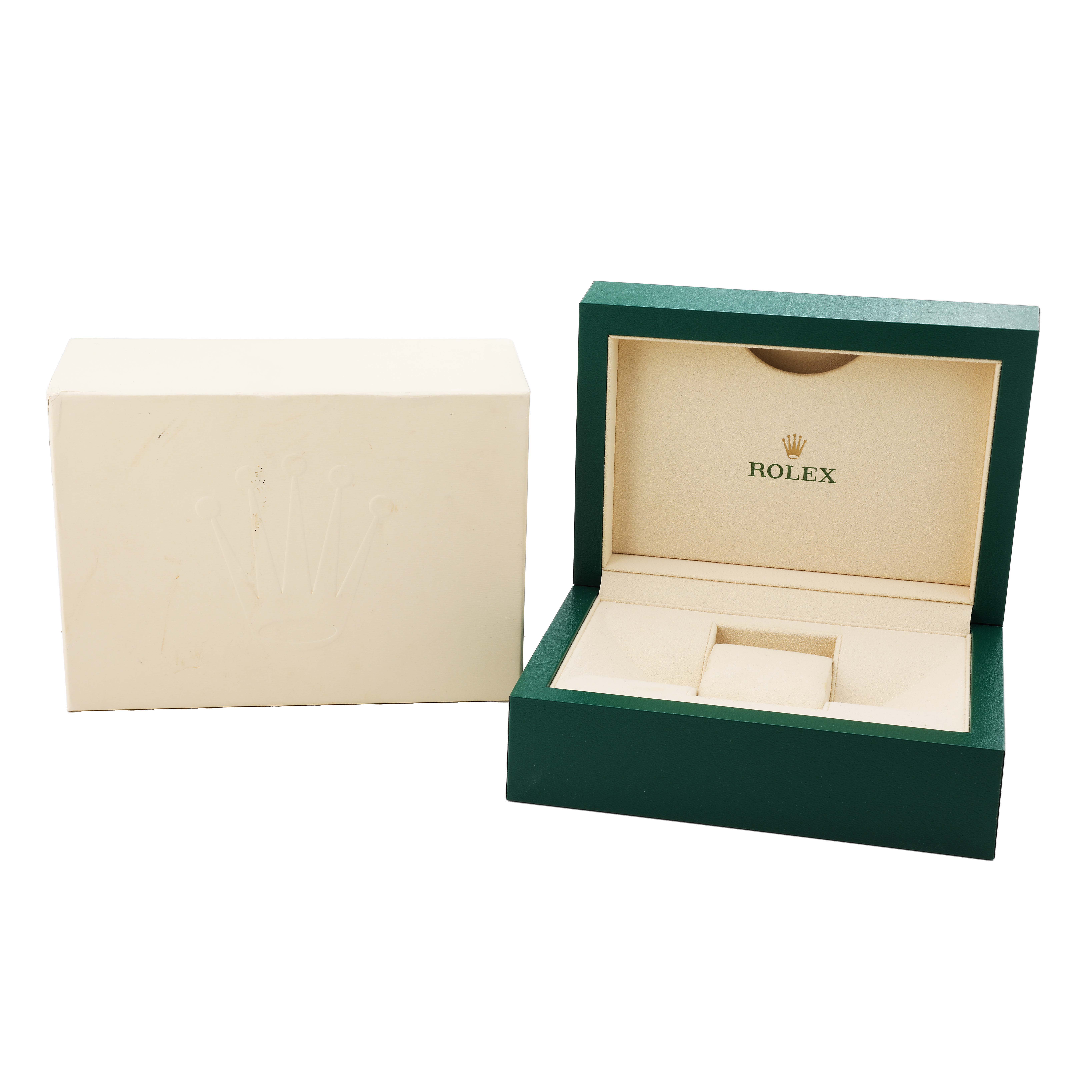 The image shows an open Rolex Datejust 41 126334 Men's Steel and Gold (two tone) Grey Dial watch box with a green outer shell and beige interior, alongside the outer packaging.