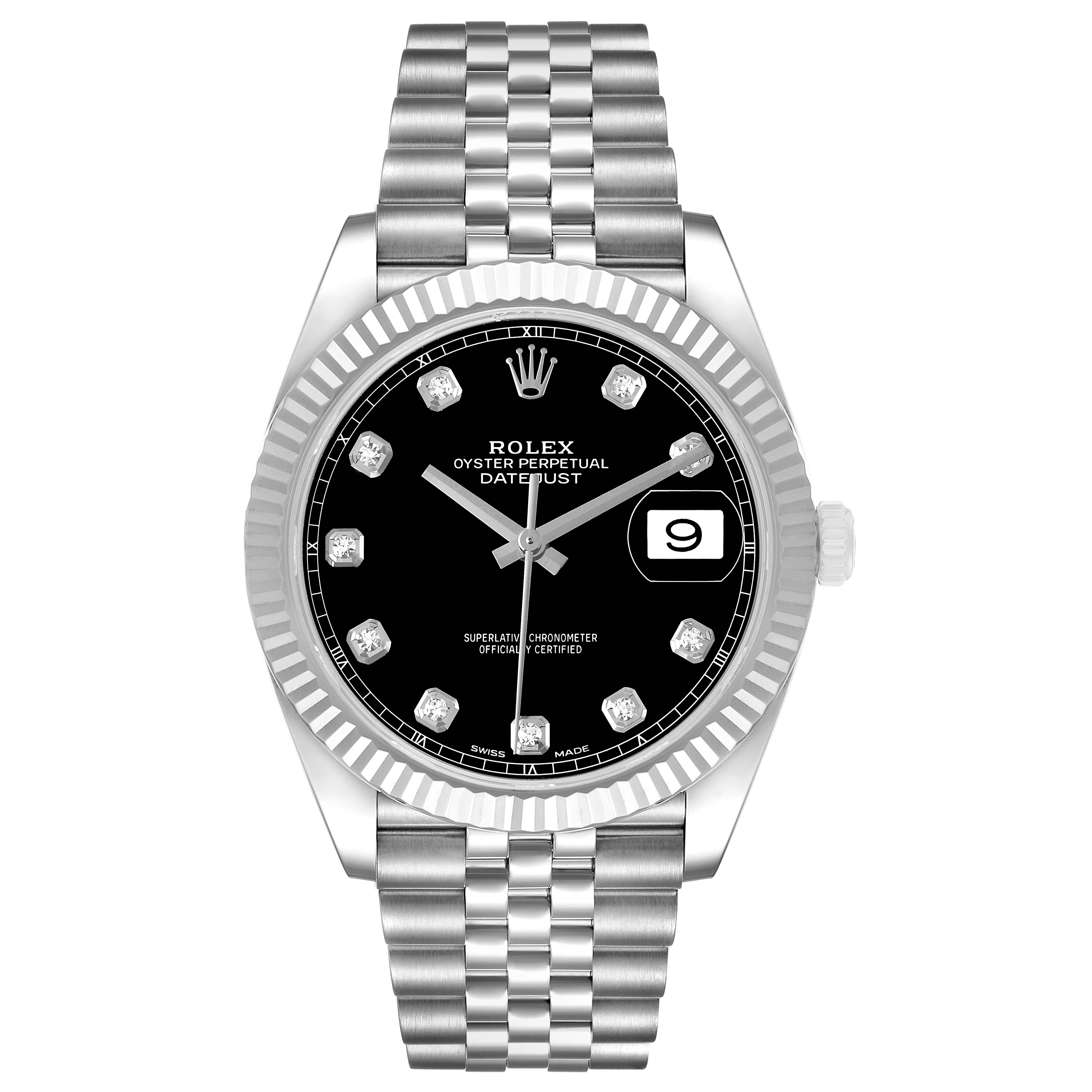 The Rolex Datejust 41 126334 Men's Steel and Gold (two tone) Grey Dial watch is shown from the front, displaying its black dial, fluted bezel, date window, and Jubilee bracelet.