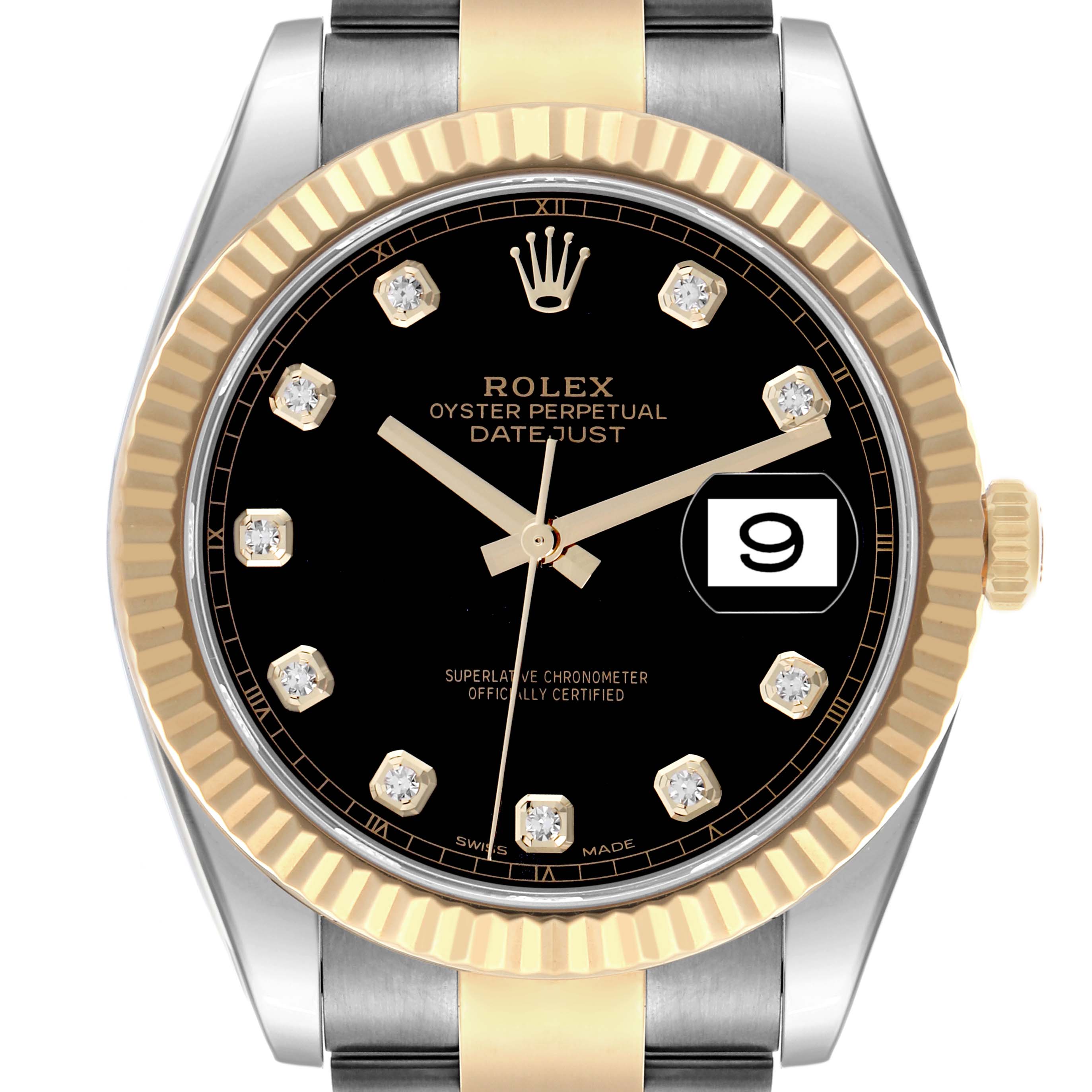 The Rolex Datejust 41 126333 Men
s Steel and Gold (two tone) Black Dial 126333 Men
s Steel and Gold (two tone) Black Dial is shown from a front angle, highlighting its black dial, gold fluted bezel, and diamond hour markers.