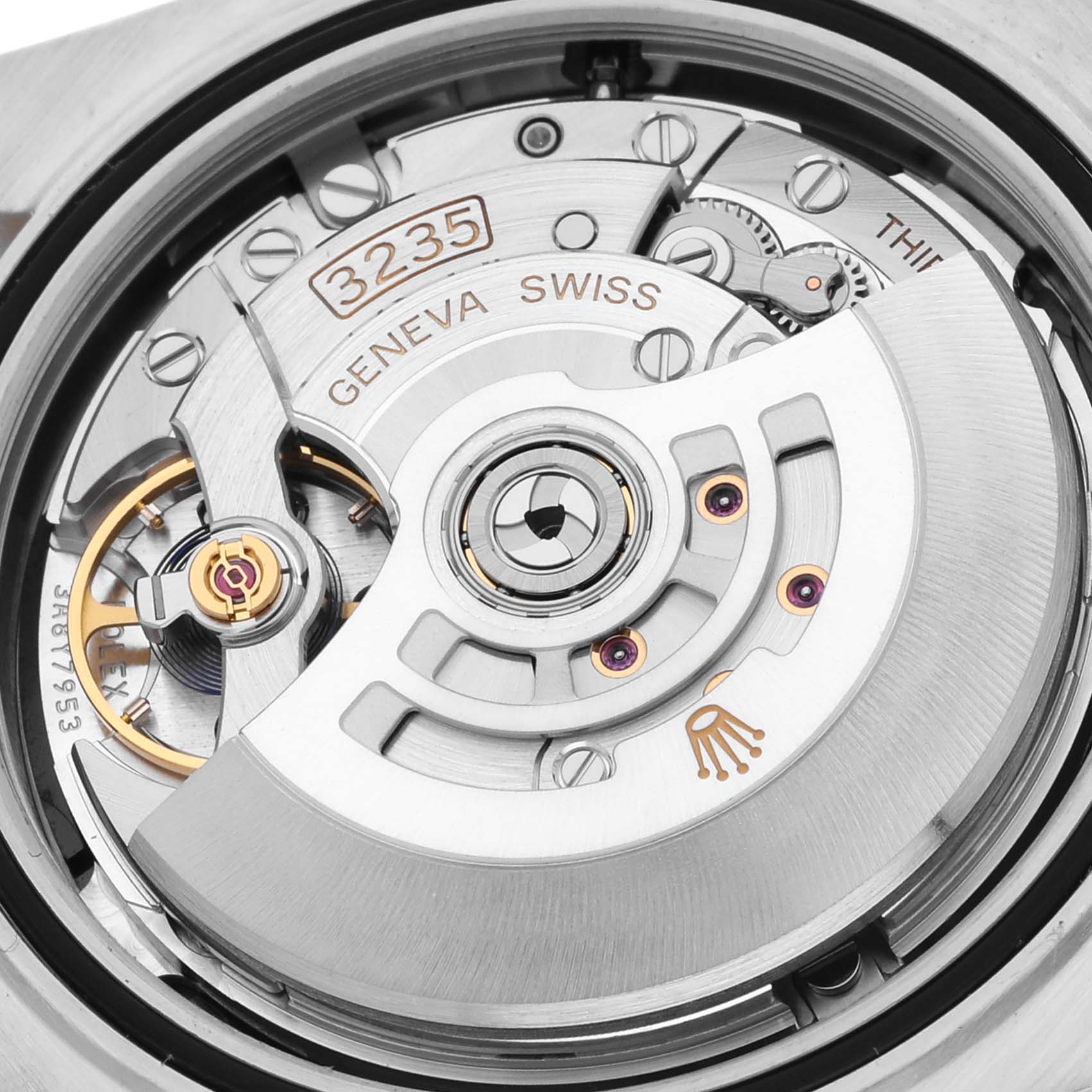 The image shows the movement of a Rolex Datejust 41 126333 Men
s Steel and Gold (two tone) Black Dial 126333 Men
s Steel and Gold (two tone) Black Dial, highlighting the rotor and intricate inner mechanics.