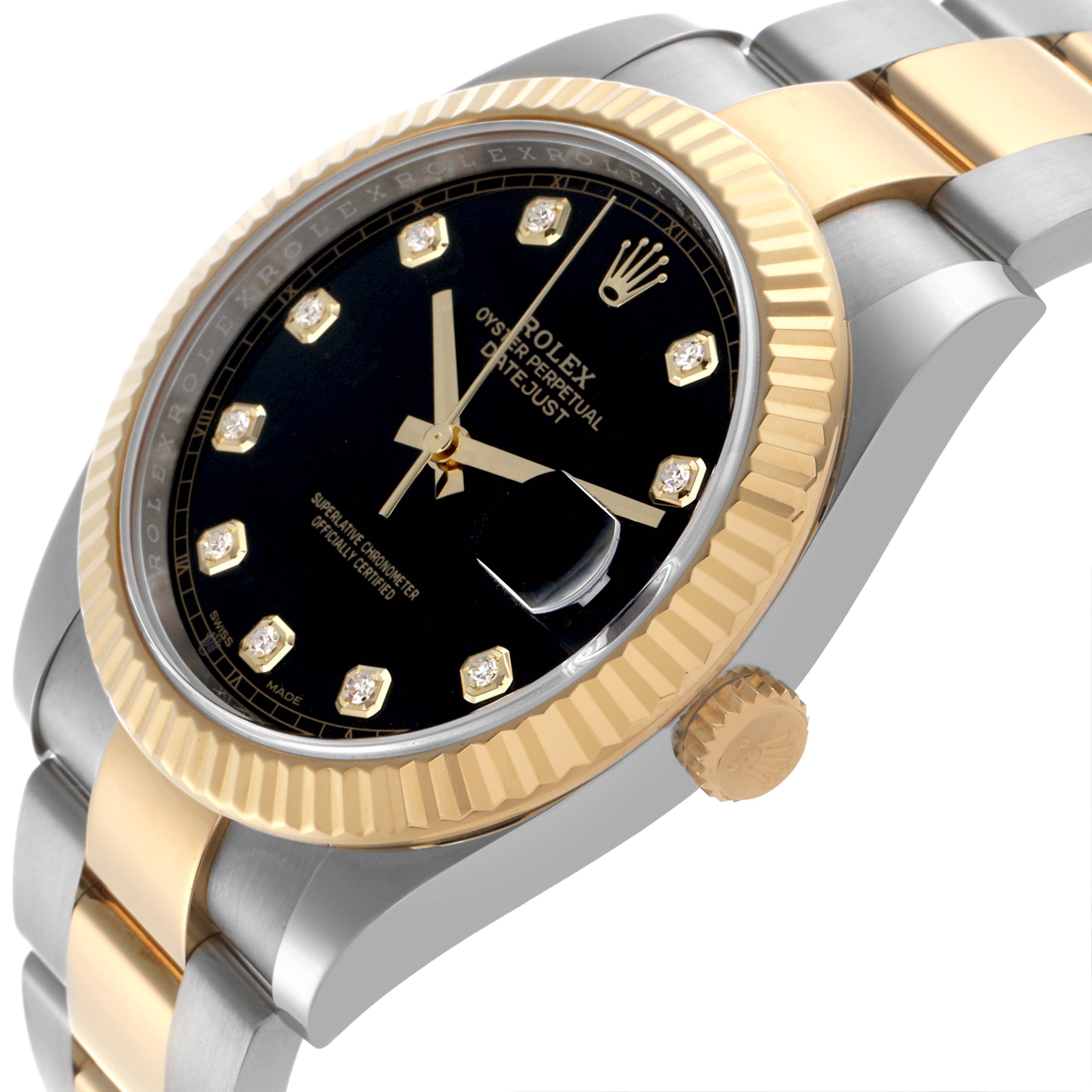 The Rolex Datejust 41 126333 Men
s Steel and Gold (two tone) Black Dial 126333 Men
s Steel and Gold (two tone) Black Dial is shown at an angle highlighting the gold fluted bezel, black dial, crown, and two-tone bracelet.