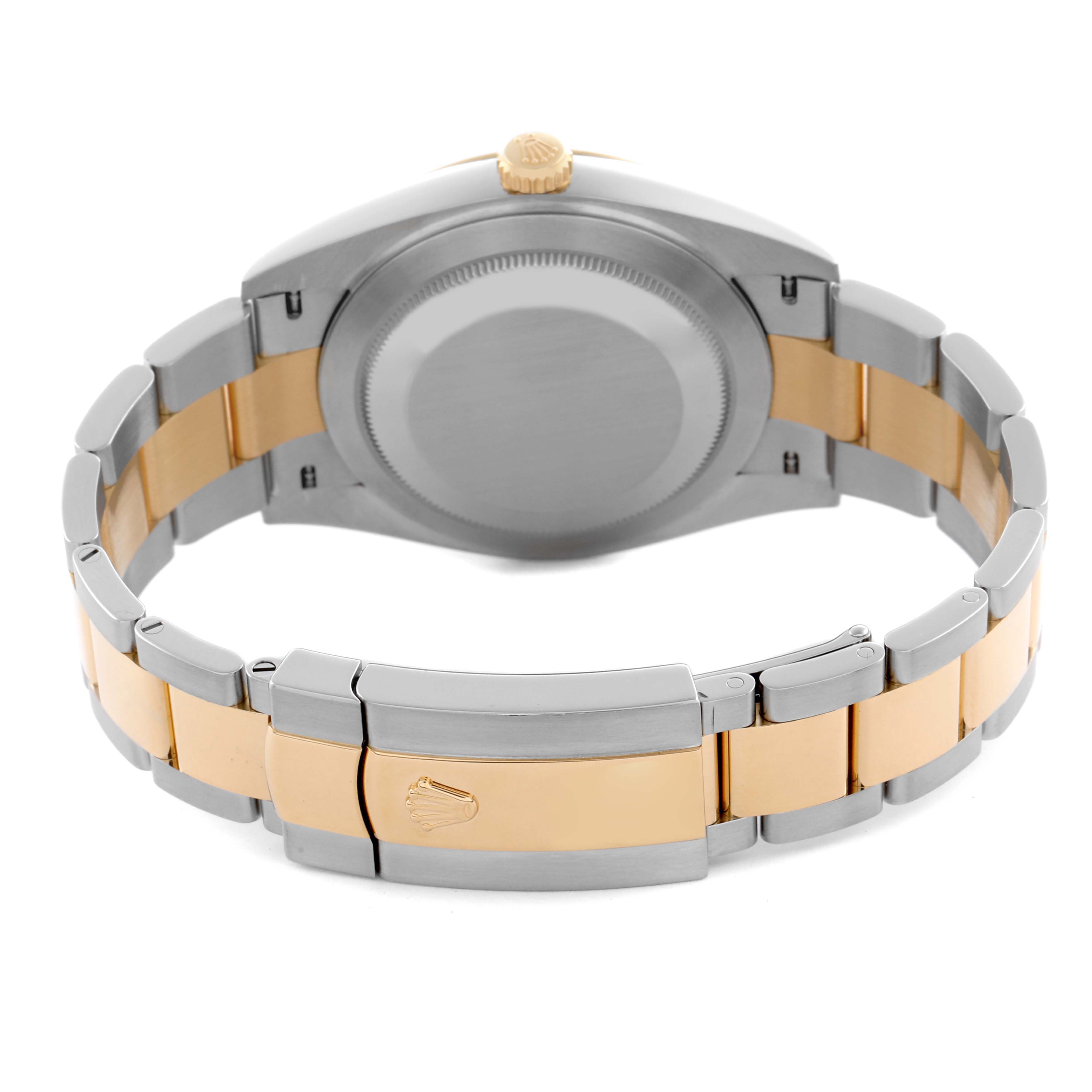 The image shows the back of a Rolex Datejust 41 126333 Men
s Steel and Gold (two tone) Black Dial 126333 Men
s Steel and Gold (two tone) Black Dial, highlighting the case back, crown, and two-tone bracelet with the clasp.