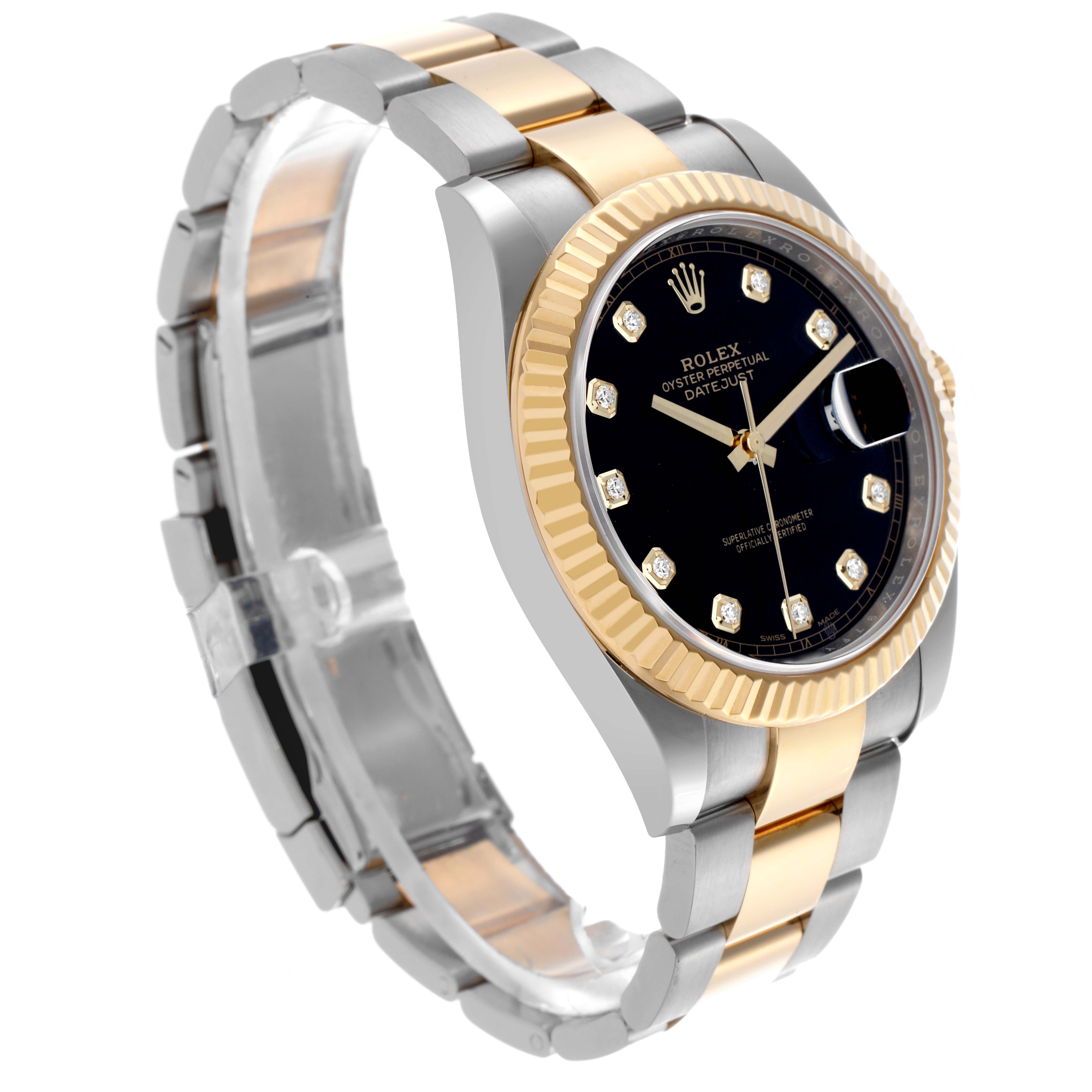 The Rolex Datejust 41 126333 Men
s Steel and Gold (two tone) Black Dial 126333 Men
s Steel and Gold (two tone) Black Dial watch is shown at a three-quarter angle, highlighting the black dial, gold fluted bezel, and two-tone bracelet.