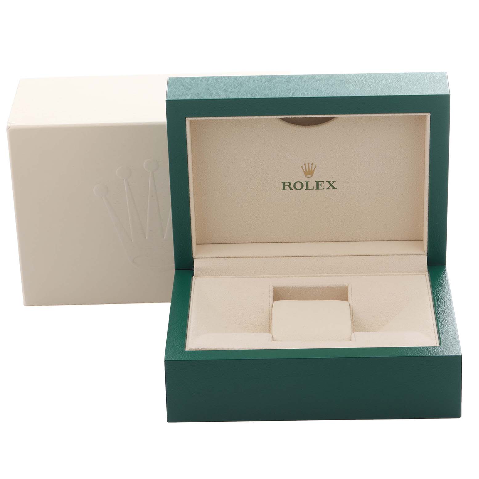 The image shows an open Rolex Datejust 41 126333 Men
s Steel and Gold (two tone) Black Dial 126333 Men
s Steel and Gold (two tone) Black Dial watch box with an inner cushion and outer packaging.