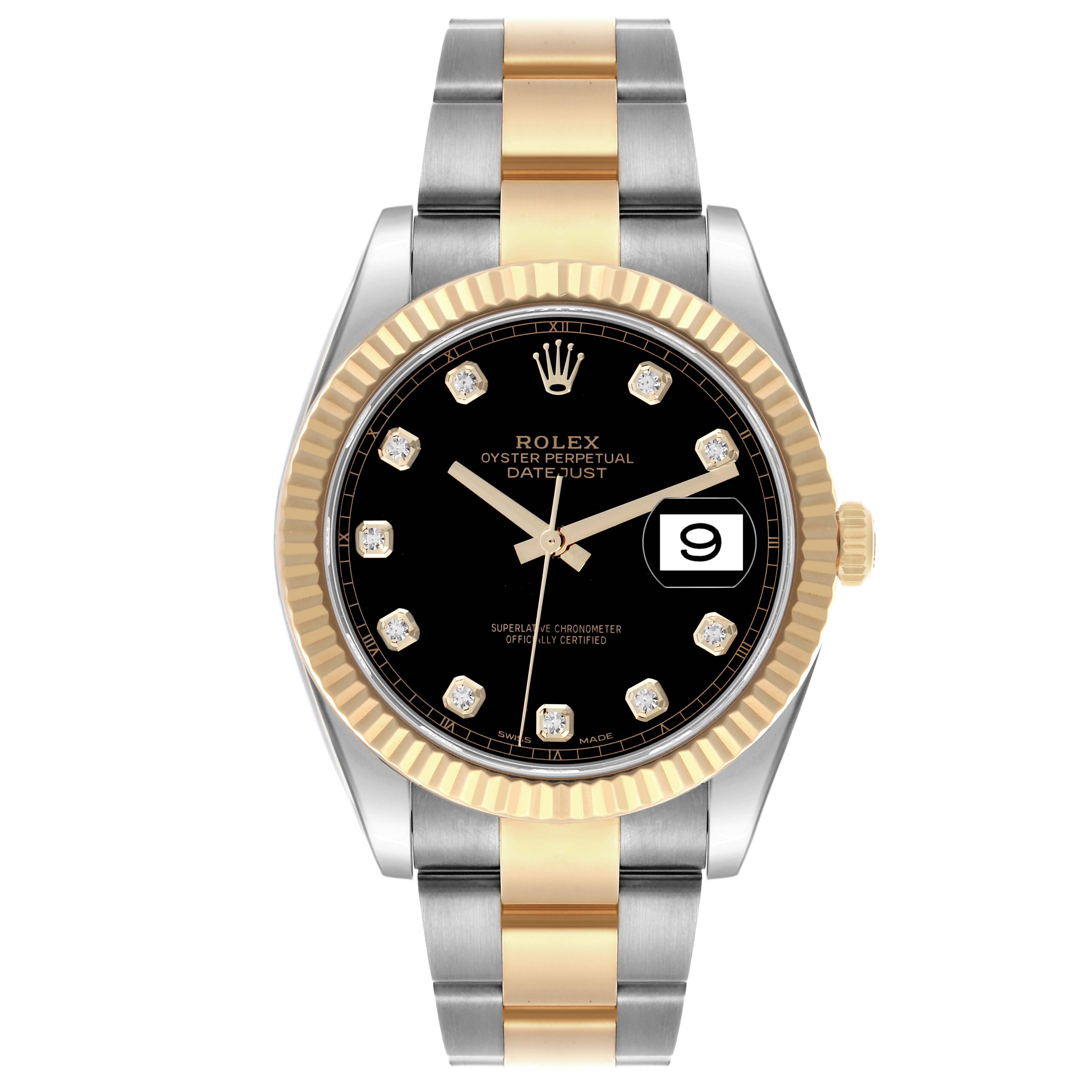 The Rolex Datejust 41 126333 Men
s Steel and Gold (two tone) Black Dial 126333 Men
s Steel and Gold (two tone) Black Dial is shown from the front, displaying its dial, bezel, hands, date, and two-tone bracelet.