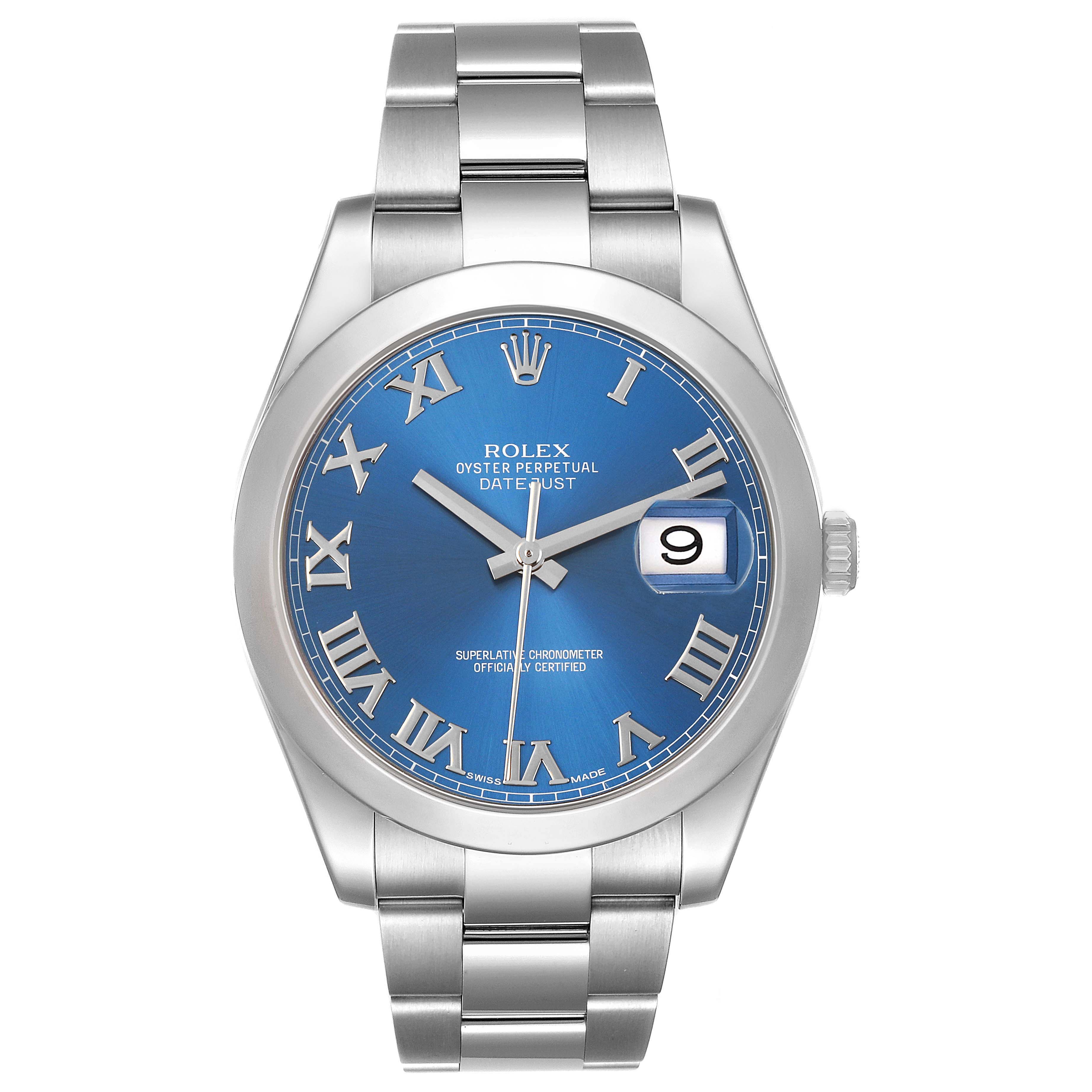 The Rolex Datejust 41 116300 Men's Stainless Steel Blue Dial watch is shown from the front, displaying the blue dial, Roman numerals, bracelet, and date window.