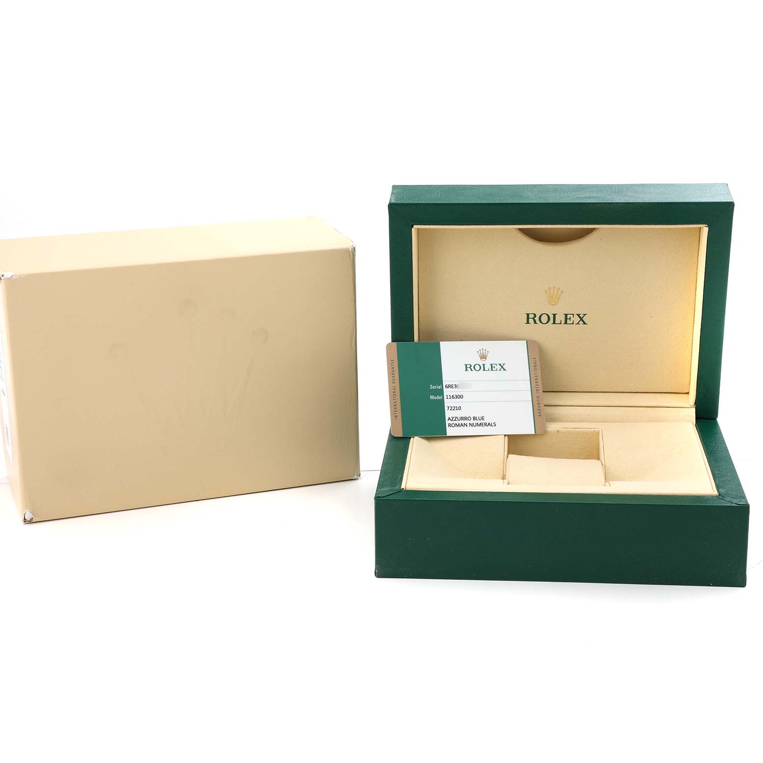 The image shows a Rolex Datejust 41 116300 Men's Stainless Steel Blue Dial presentation box with an authentication card displayed inside.