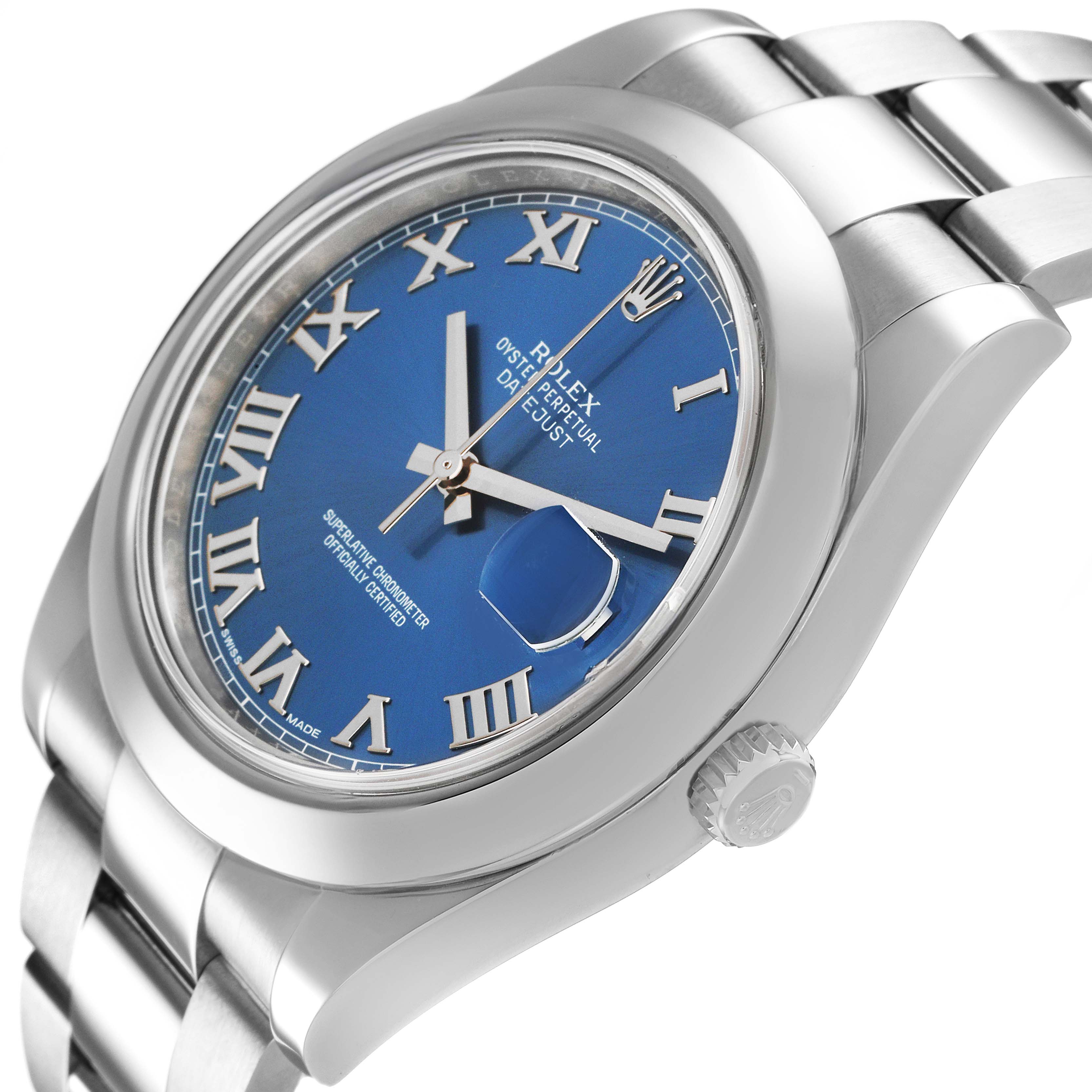 The Rolex Datejust 41 116300 Men's Stainless Steel Blue Dial is shown at an angle highlighting the blue dial, silver Roman numerals, bezel, and bracelet.