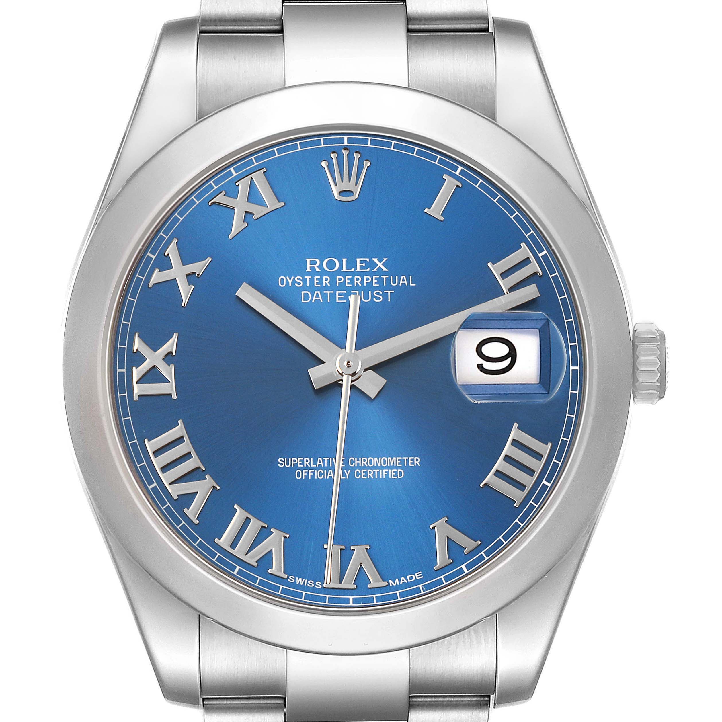 The Rolex Datejust 41 116300 Men's Stainless Steel Blue Dial watch is shown from a straight-on angle, highlighting the blue dial, Roman numerals, and date window.