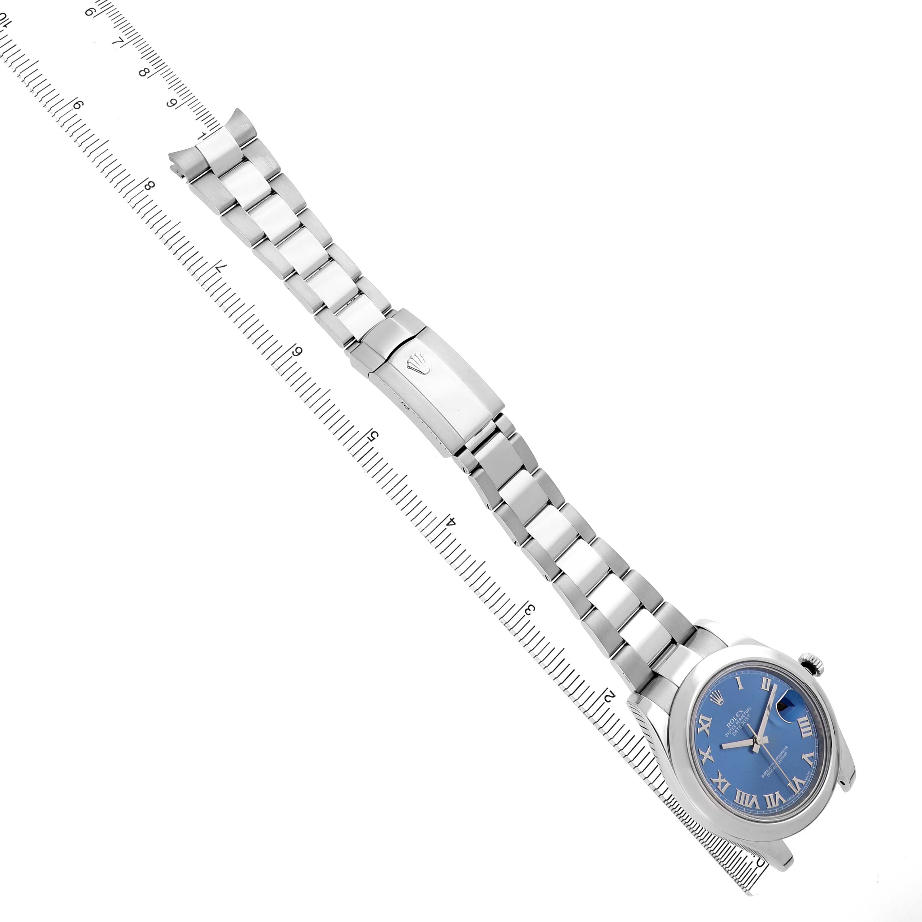The Rolex Datejust 41 116300 Men's Stainless Steel Blue Dial watch is shown from a top view, displaying the bracelet, clasp, and blue dial.