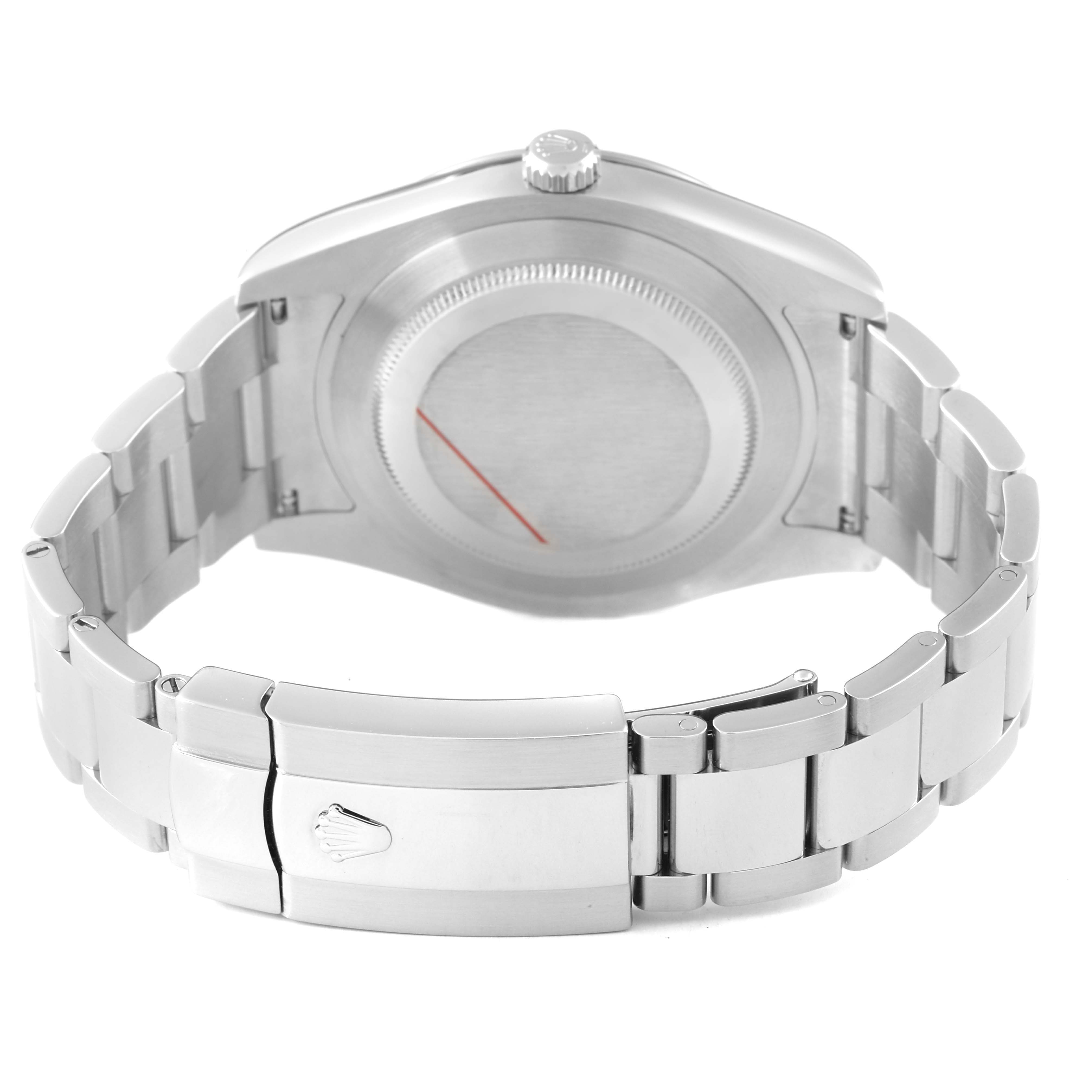 The image shows the back and clasp of a Rolex Datejust 41 116300 Men's Stainless Steel Blue Dial, highlighting its stainless steel bracelet and case back.