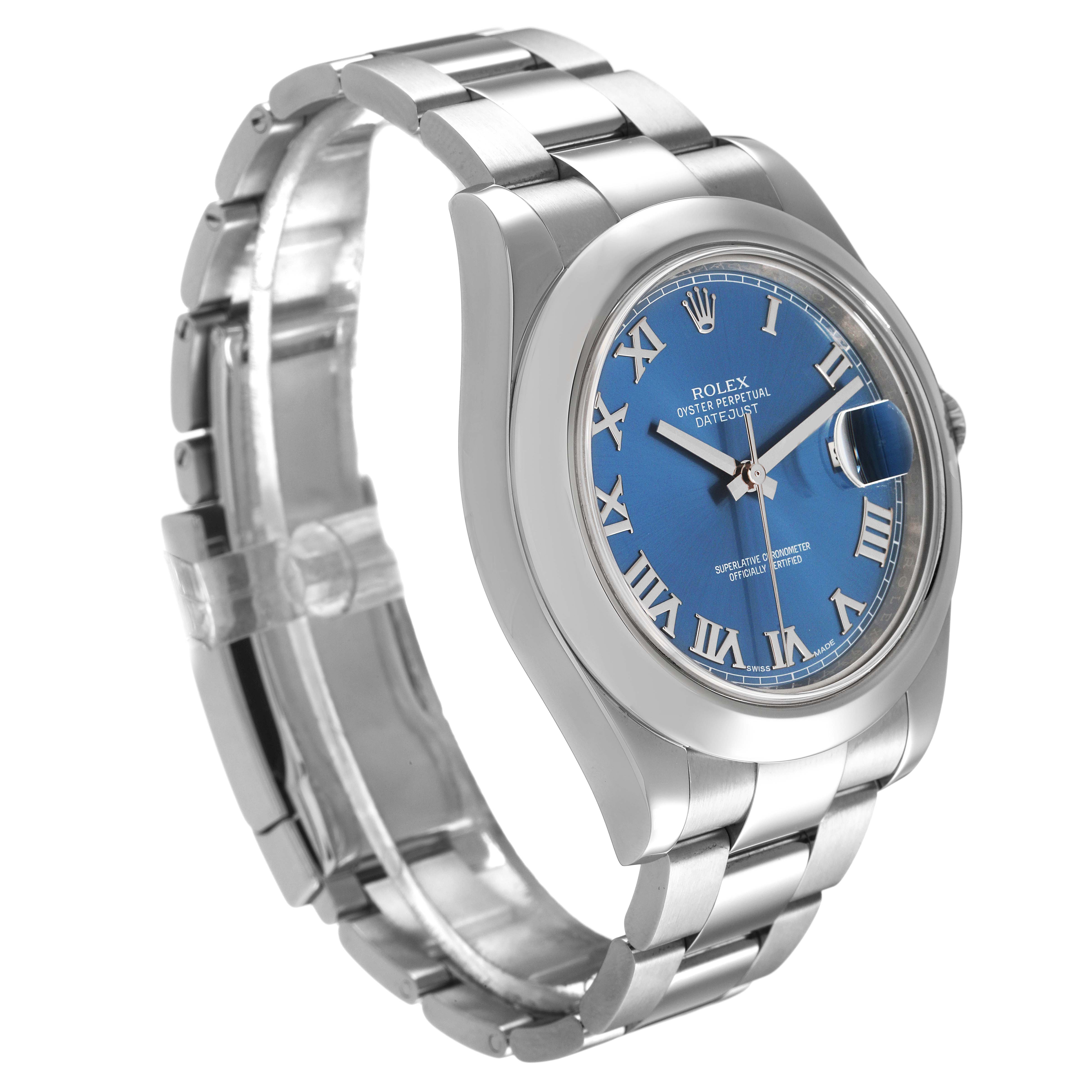The Rolex Datejust 41 116300 Men's Stainless Steel Blue Dial watch is shown at an angle displaying the blue dial, Roman numerals, and a metal bracelet.