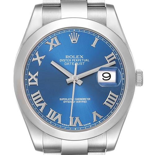 The Rolex Datejust 41 116300 Men's Stainless Steel Blue Dial watch is shown from a front angle, highlighting the blue dial, Roman numerals, and date window.