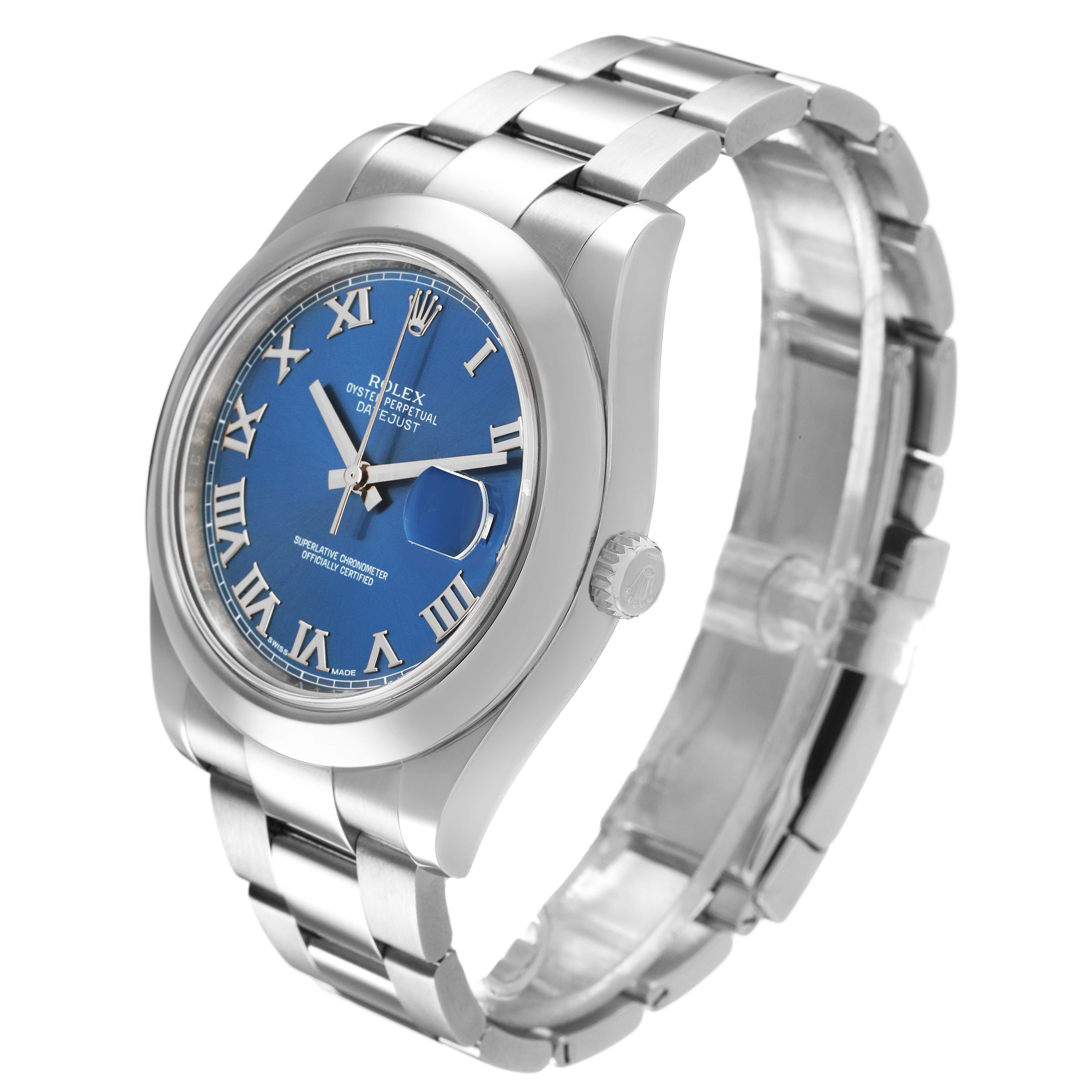 The Rolex Datejust 41 116300 Men's Stainless Steel Blue Dial is shown at a three-quarter angle, highlighting the blue dial, Roman numerals, and metal bracelet.