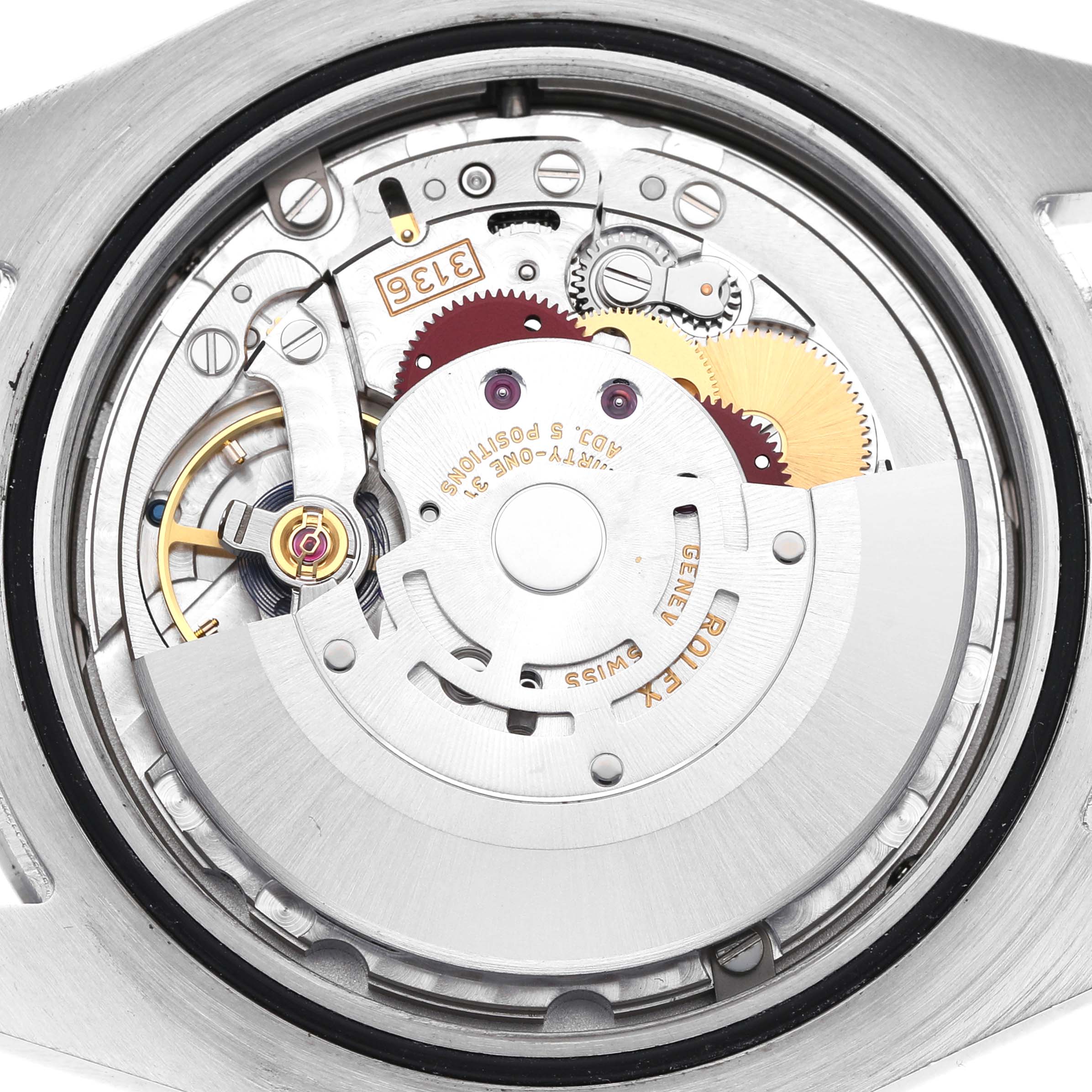 The image shows the movement of a Rolex Datejust 41 116300 Men's Stainless Steel Blue Dial watch from a top-down angle, highlighting gears and components.