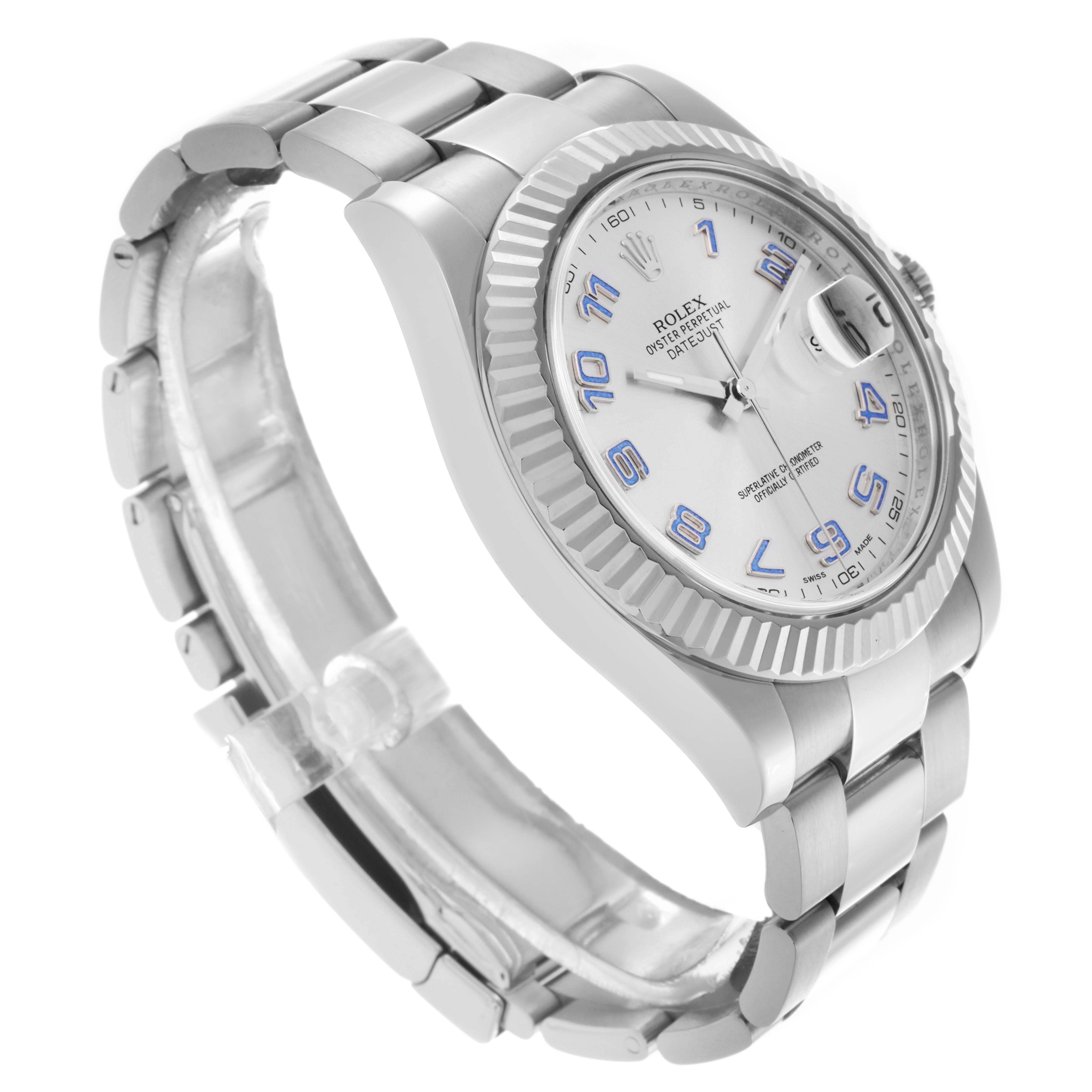 The Rolex Datejust 41 116334 Men
s Stainless Steel Silver Dial 116334 Men
s Stainless Steel Silver Dial is shown at a three-quarter angle, highlighting the bezel, dial, bracelet, and partially the side of the watch.