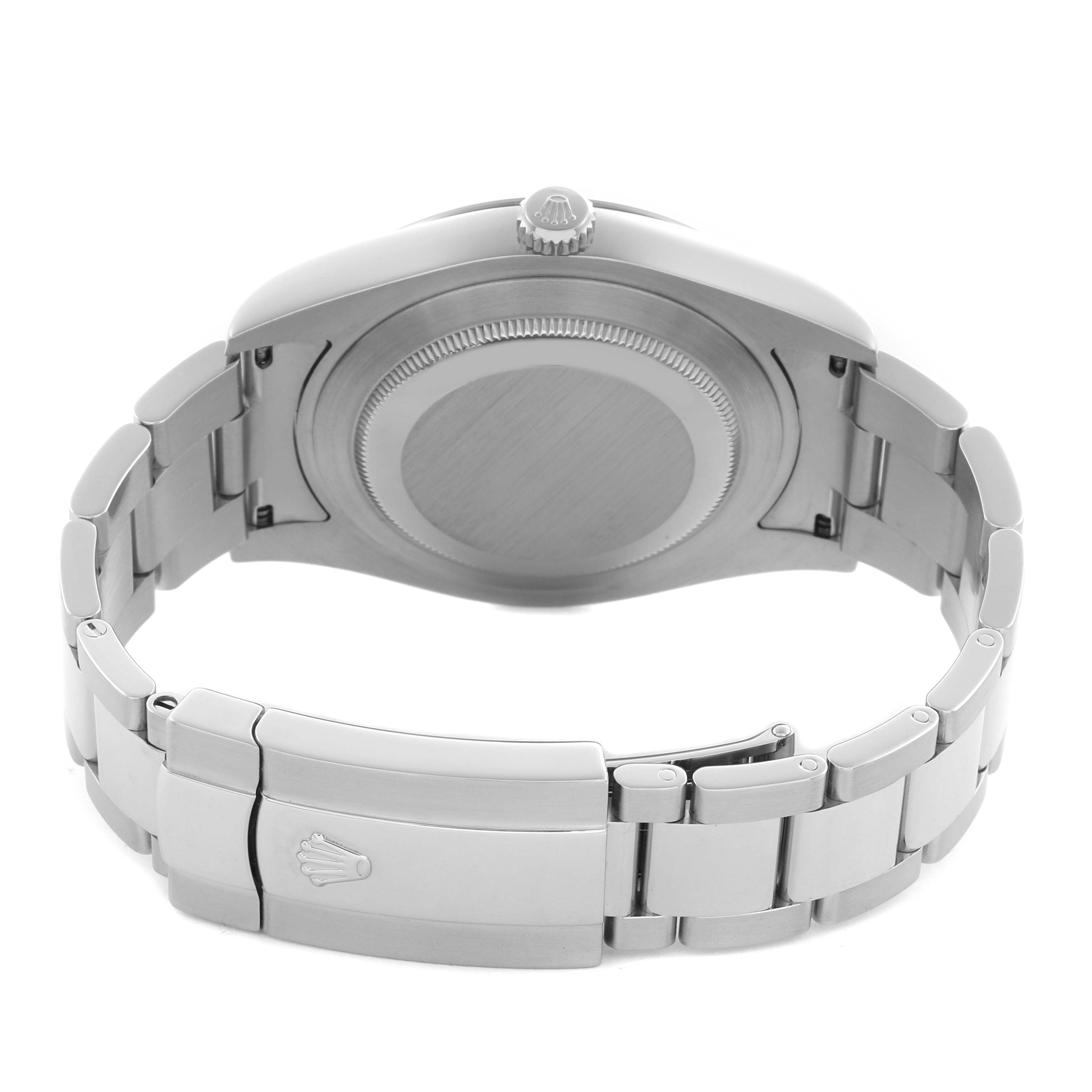 The image shows the back view of a Rolex Datejust 41 116334 Men
s Stainless Steel Silver Dial 116334 Men
s Stainless Steel Silver Dial watch, highlighting the case back, crown, and bracelet with clasp.