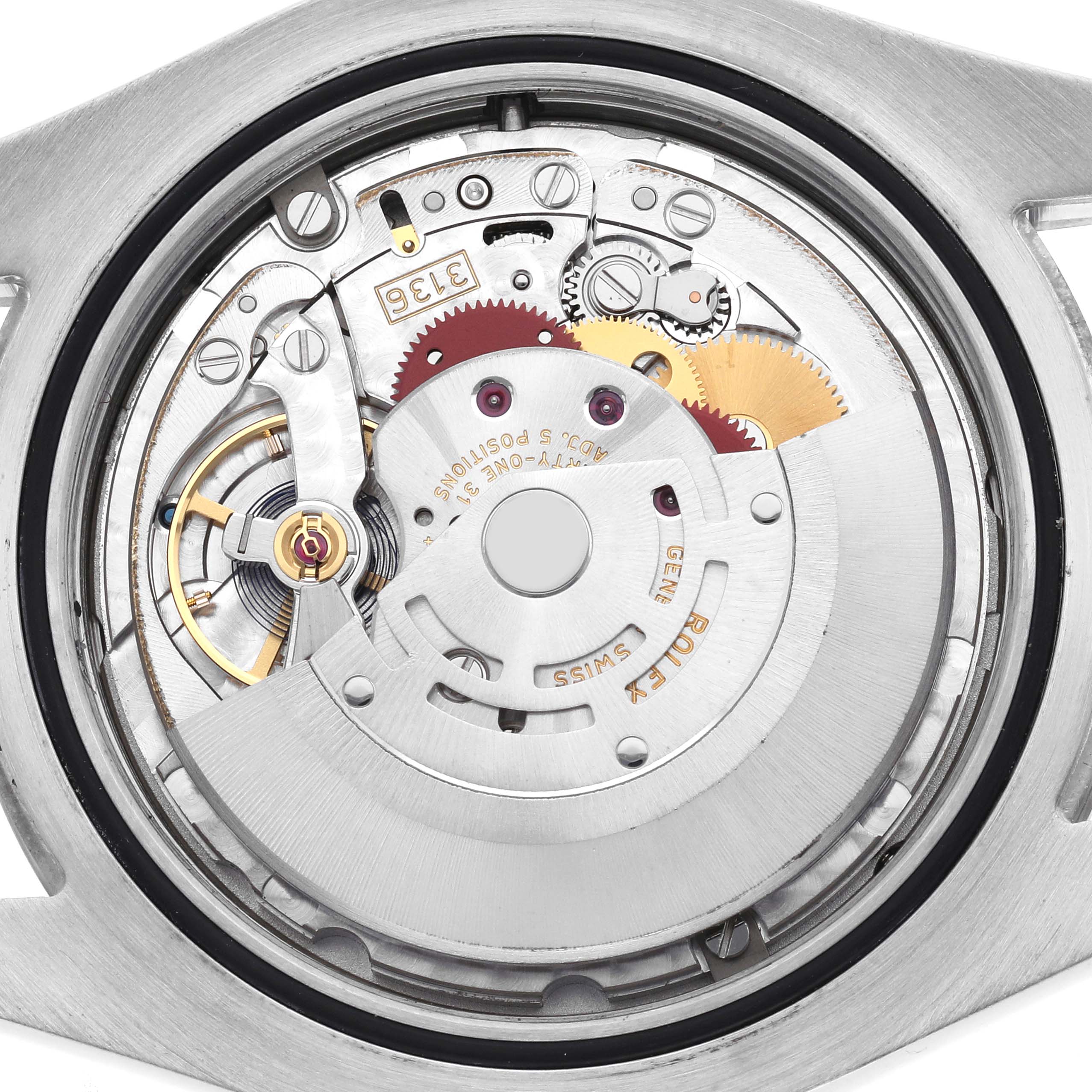 The image shows a close-up view of the movement inside a Rolex Datejust 41 116334 Men
s Stainless Steel Silver Dial 116334 Men
s Stainless Steel Silver Dial, highlighting gears and mechanisms.