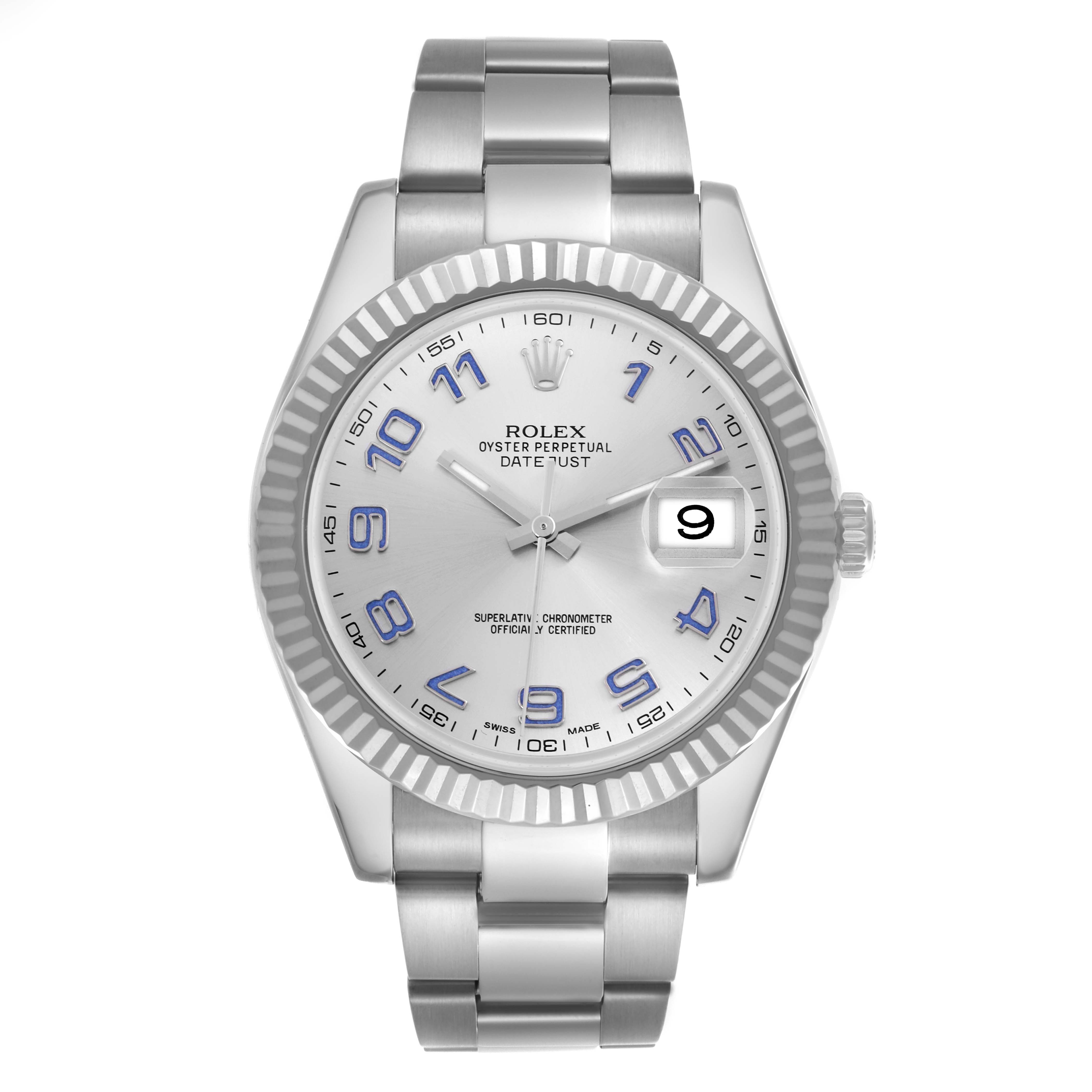 The Rolex Datejust 41 116334 Men
s Stainless Steel Silver Dial 116334 Men
s Stainless Steel Silver Dial is shown from a front angle, highlighting the dial, bezel, bracelet, and cyclops lens over the date.