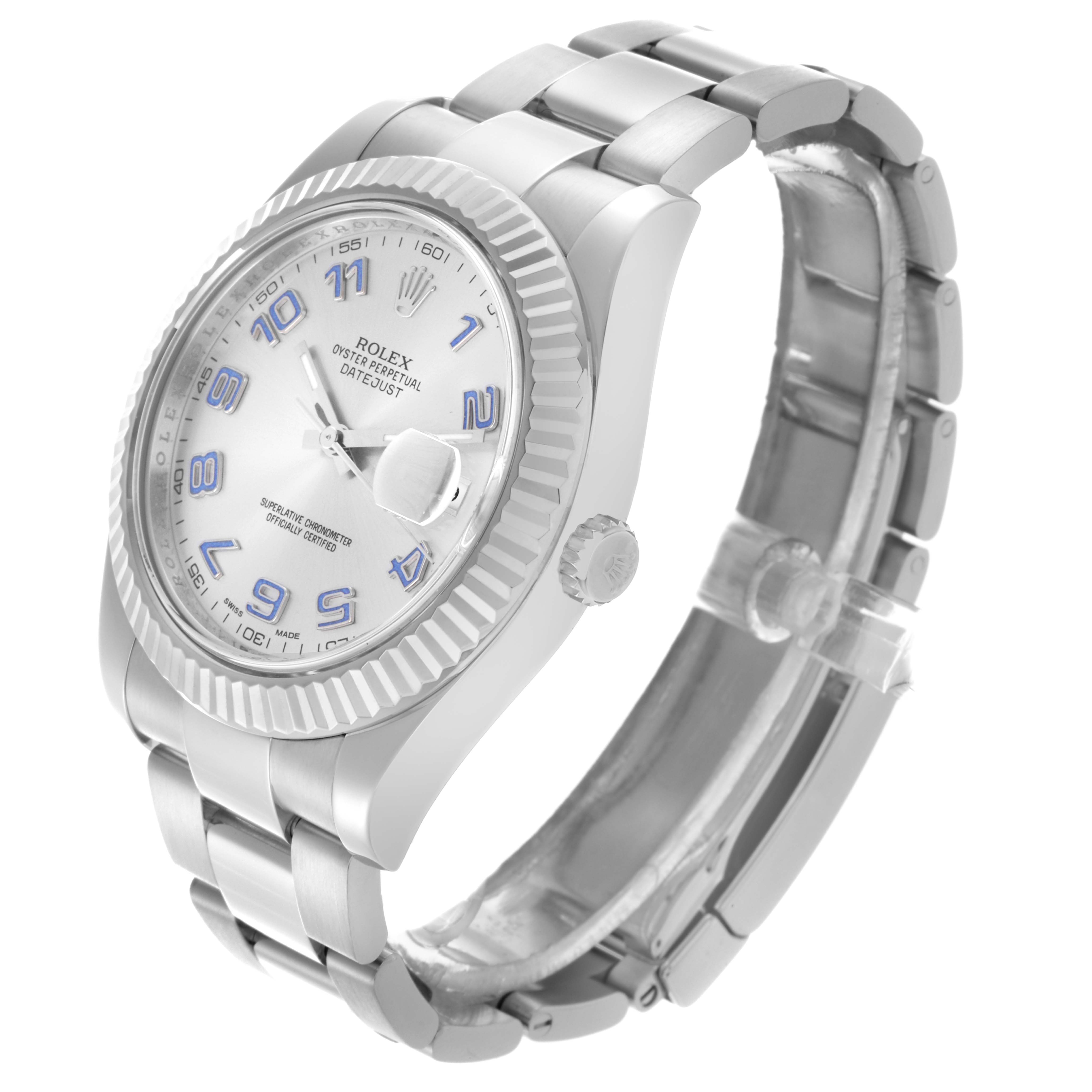 This image shows the Rolex Datejust 41 116334 Men
s Stainless Steel Silver Dial 116334 Men
s Stainless Steel Silver Dial at a three-quarter angle, highlighting the face, bezel, and bracelet.