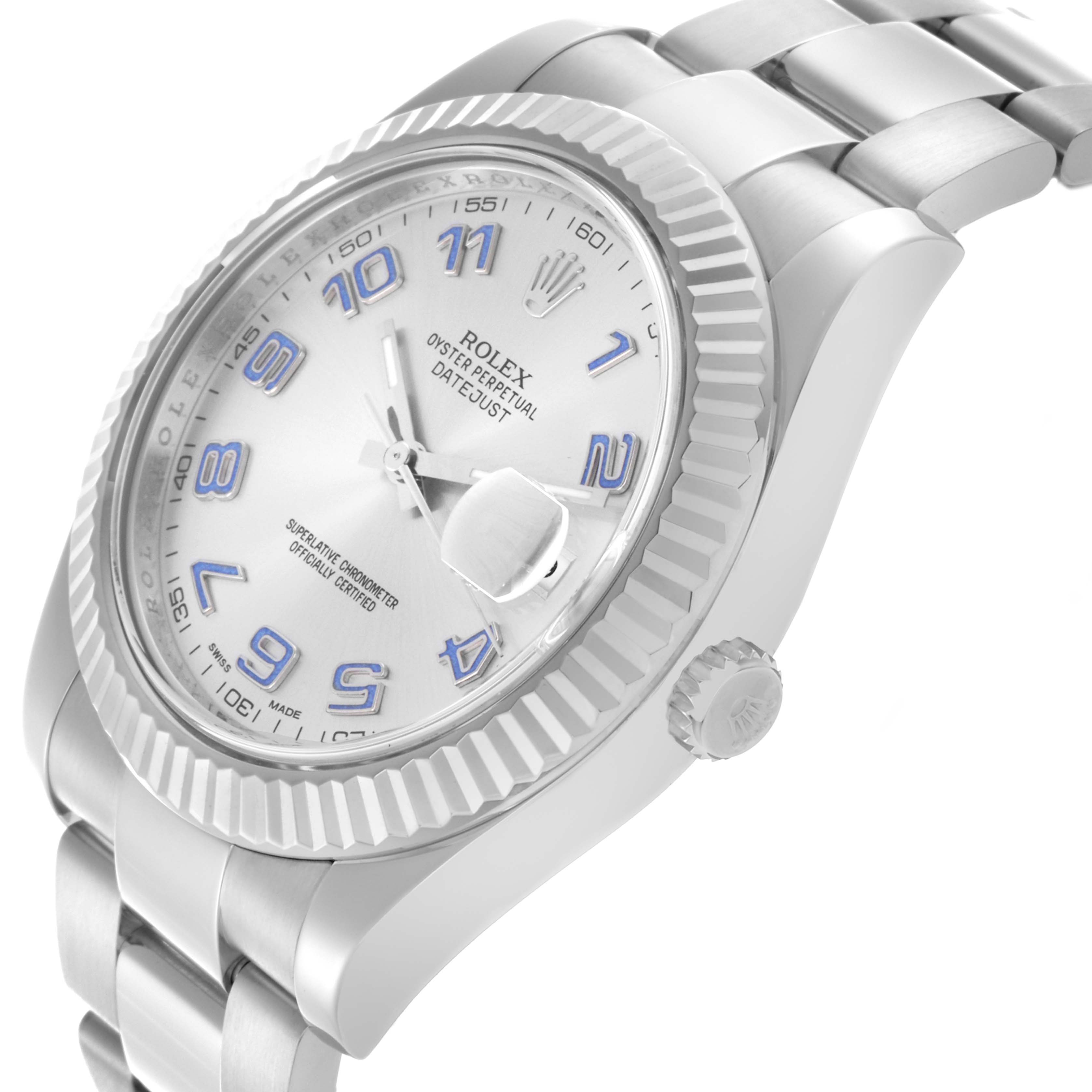 The Rolex Datejust 41 116334 Men
s Stainless Steel Silver Dial 116334 Men
s Stainless Steel Silver Dial is shown at an angle highlighting the dial, bezel, crown, and part of the bracelet.