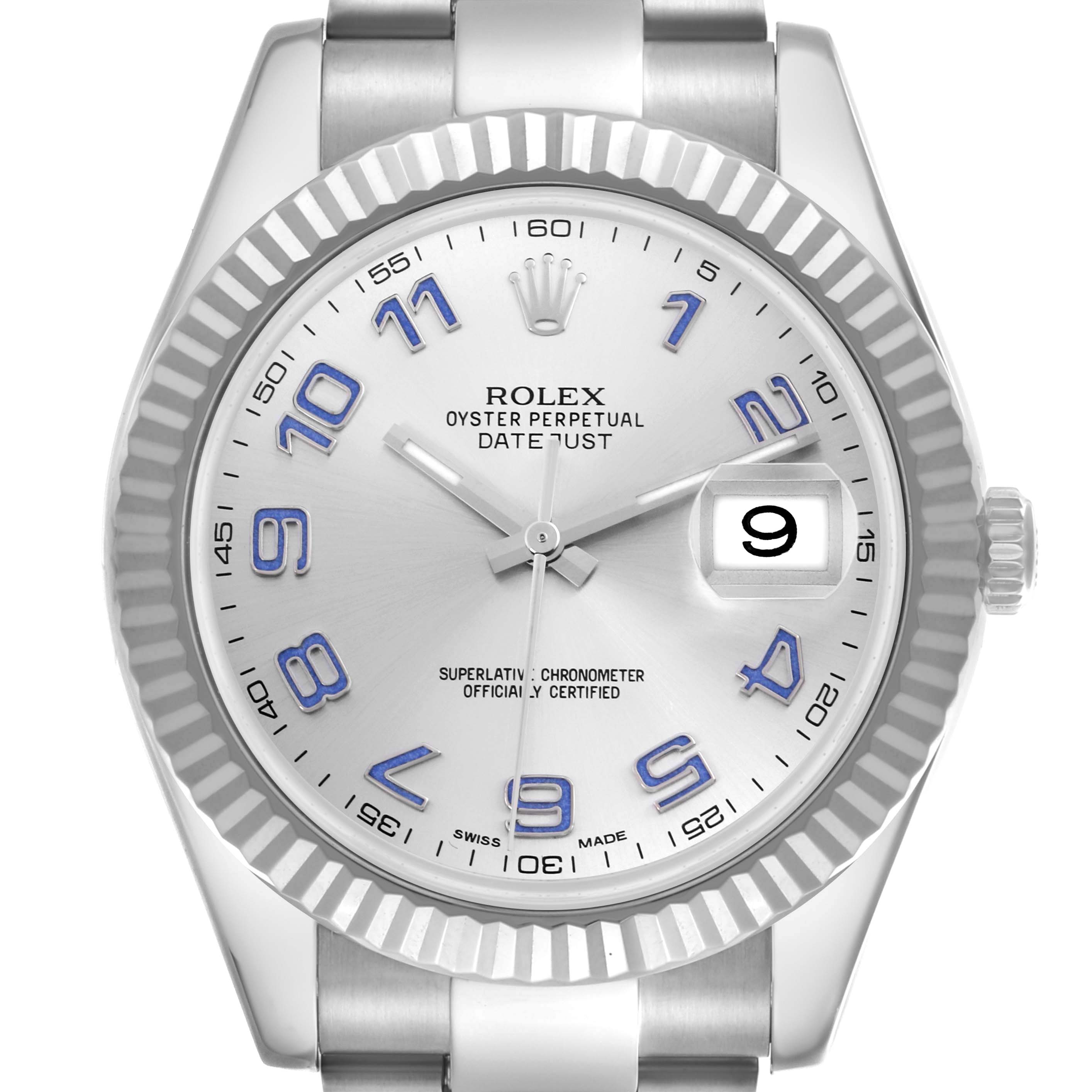 The Rolex Datejust 41 116334 Men
s Stainless Steel Silver Dial 116334 Men
s Stainless Steel Silver Dial watch is shown from the front, displaying its dial, fluted bezel, and part of the bracelet.