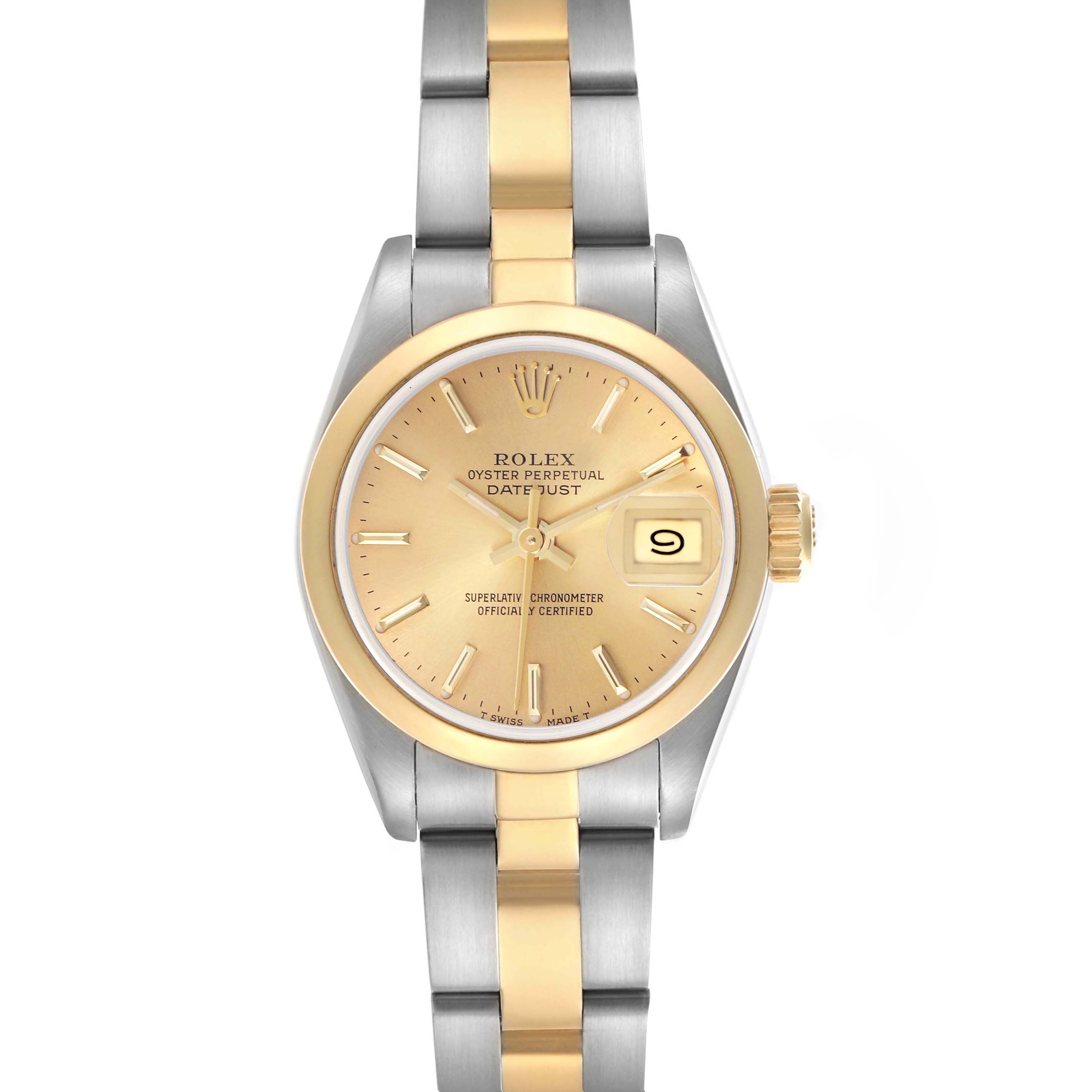 The Rolex Datejust 69163 Women's Steel and Gold (two tone) Champagne Dial 69163 Women's Steel and Gold (two tone) Champagne Dial watch is shown from a top-down angle, highlighting its gold and silver bracelet, gold dial, and date feature.