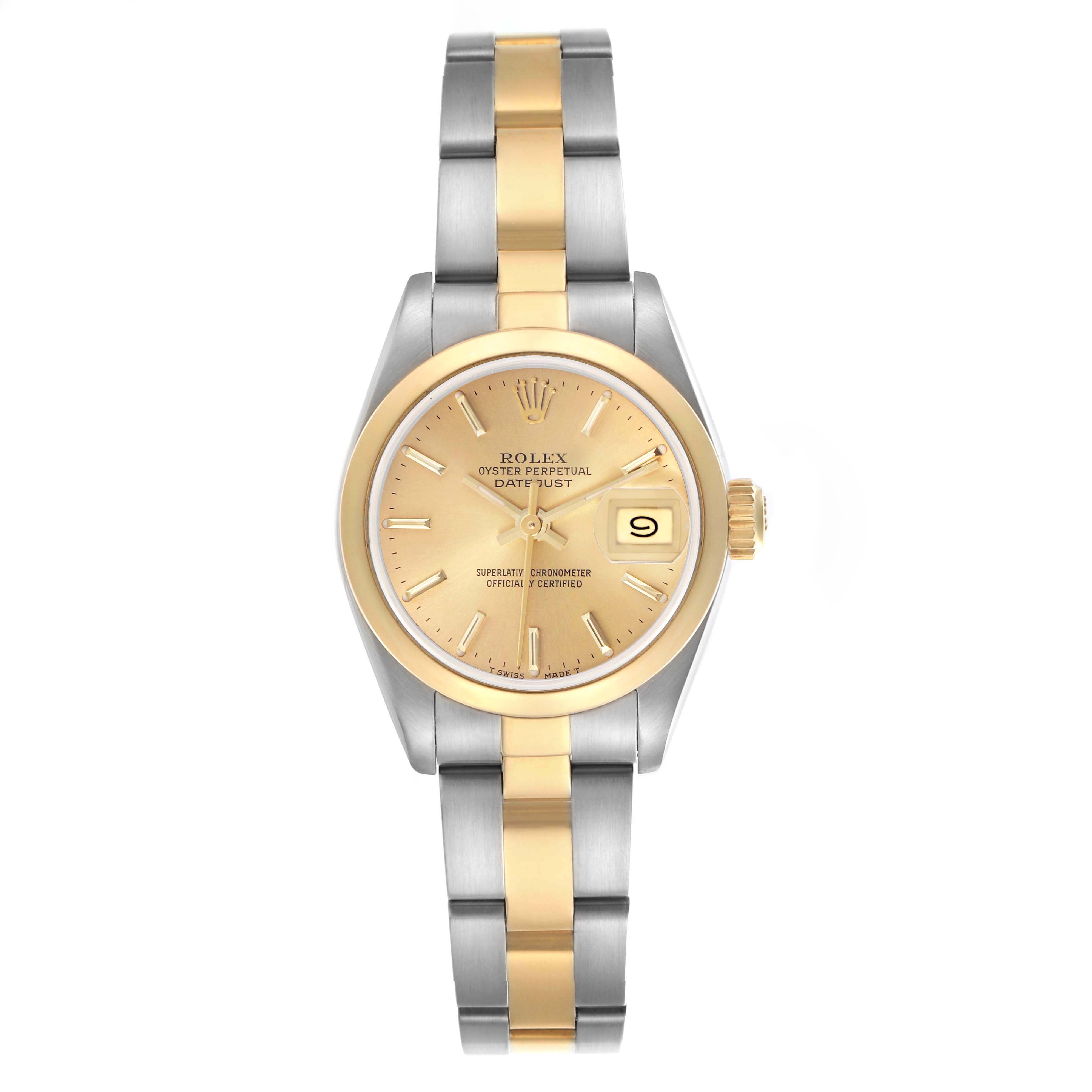 The Rolex Datejust 69163 Women's Steel and Gold (two tone) Champagne Dial 69163 Women's Steel and Gold (two tone) Champagne Dial watch is shown from a top-down view, displaying the dial, hands, bezel, and the two-tone bracelet.