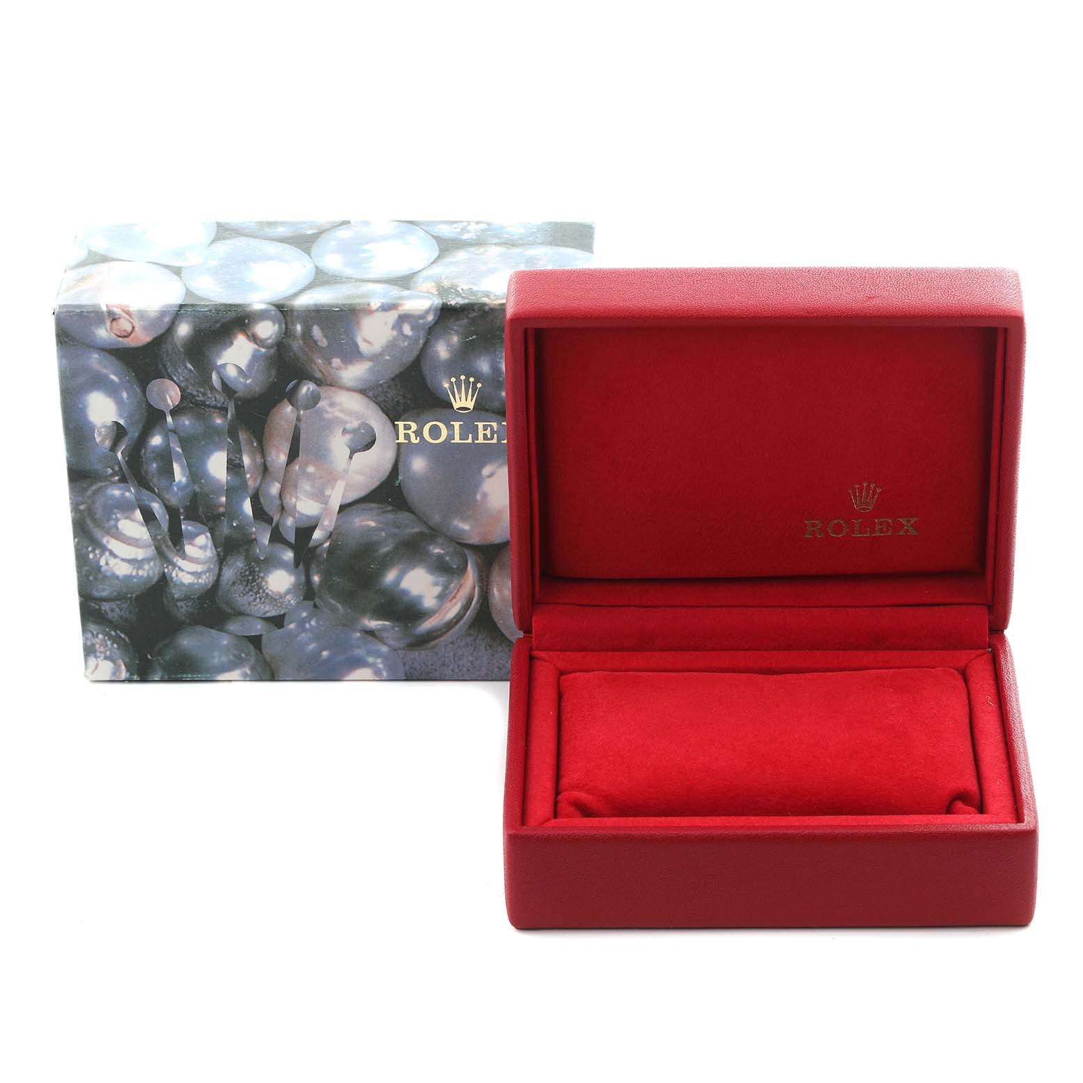 The image shows a red Rolex Datejust 69163 Women's Steel and Gold (two tone) Champagne Dial 69163 Women's Steel and Gold (two tone) Champagne Dial watch box and outer packaging, viewed from the front.