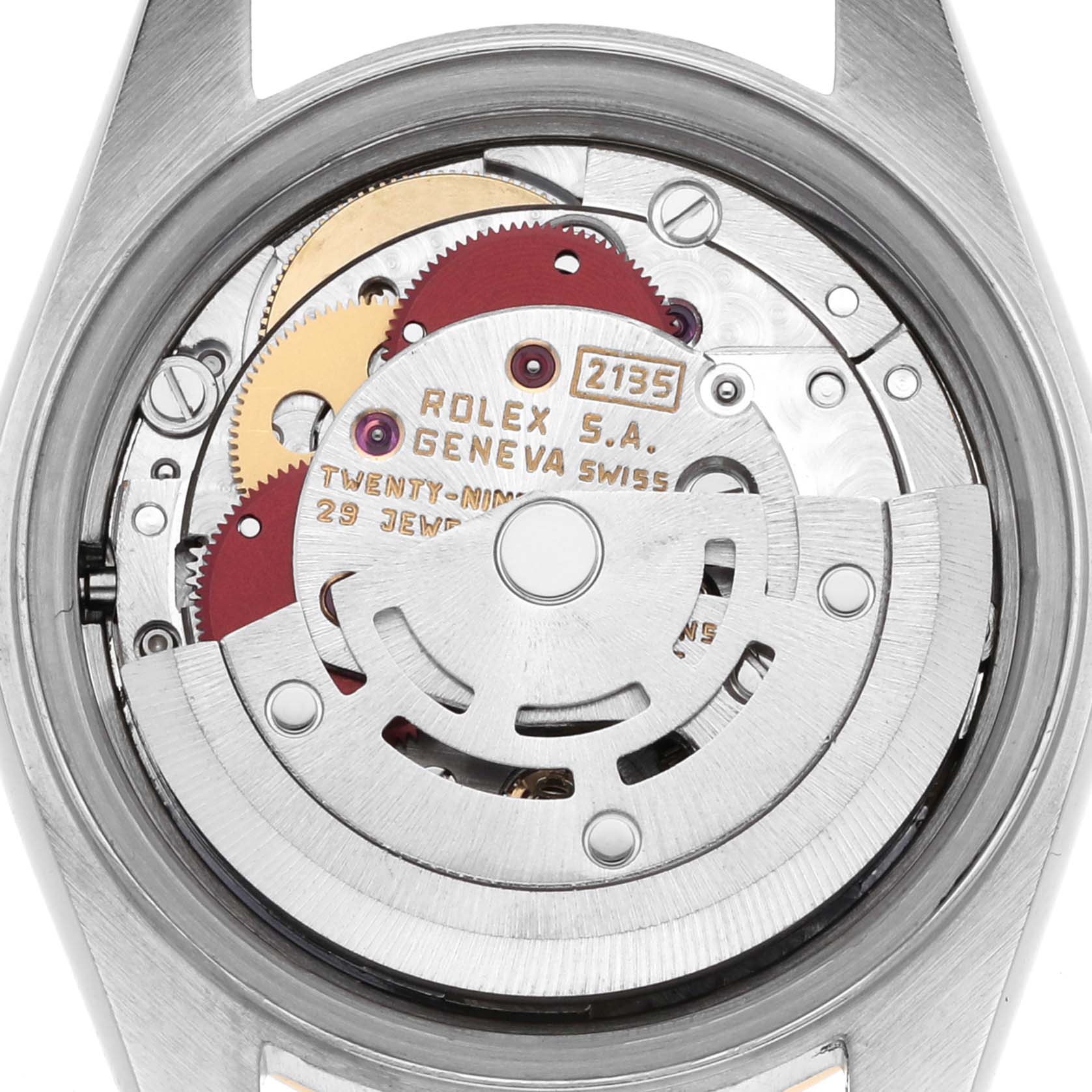The image shows the movement of a Rolex Datejust 69163 Women's Steel and Gold (two tone) Champagne Dial 69163 Women's Steel and Gold (two tone) Champagne Dial, showcasing the rotor, gears, and inscriptions from a top-down angle.