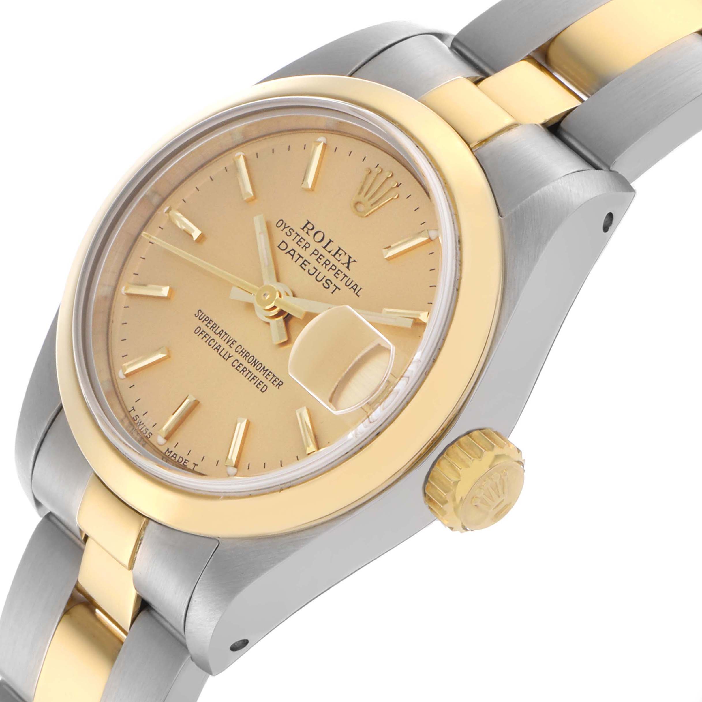 The Rolex Datejust 69163 Women's Steel and Gold (two tone) Champagne Dial 69163 Women's Steel and Gold (two tone) Champagne Dial watch is shown from an angled side view, highlighting the face, bezel, and part of the bracelet.