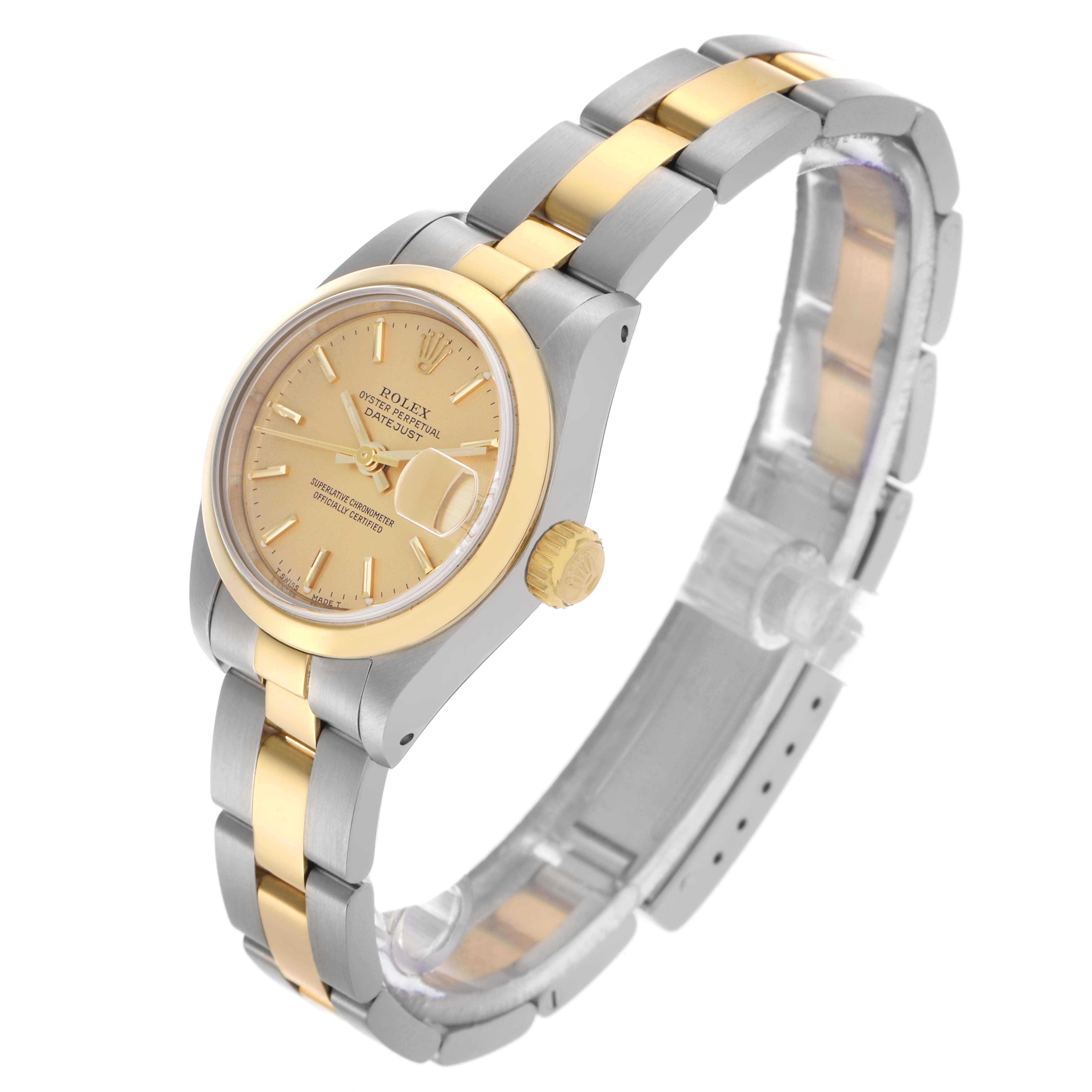 The Rolex Datejust 69163 Women's Steel and Gold (two tone) Champagne Dial 69163 Women's Steel and Gold (two tone) Champagne Dial watch is shown at an angled view, highlighting its dial, bezel, crown, and bracelet.