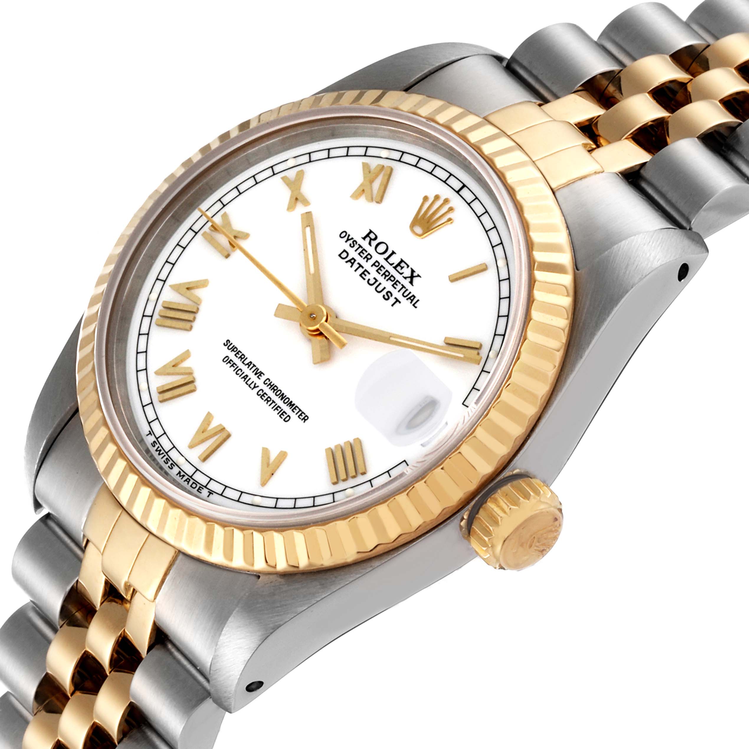 This image shows a Rolex Mid-Size 68273 Women's Steel and Gold (two tone) White Dial 68273 Women's Steel and Gold (two tone) White Dial Datejust watch at an angle revealing the face, bezel, and part of the bracelet.