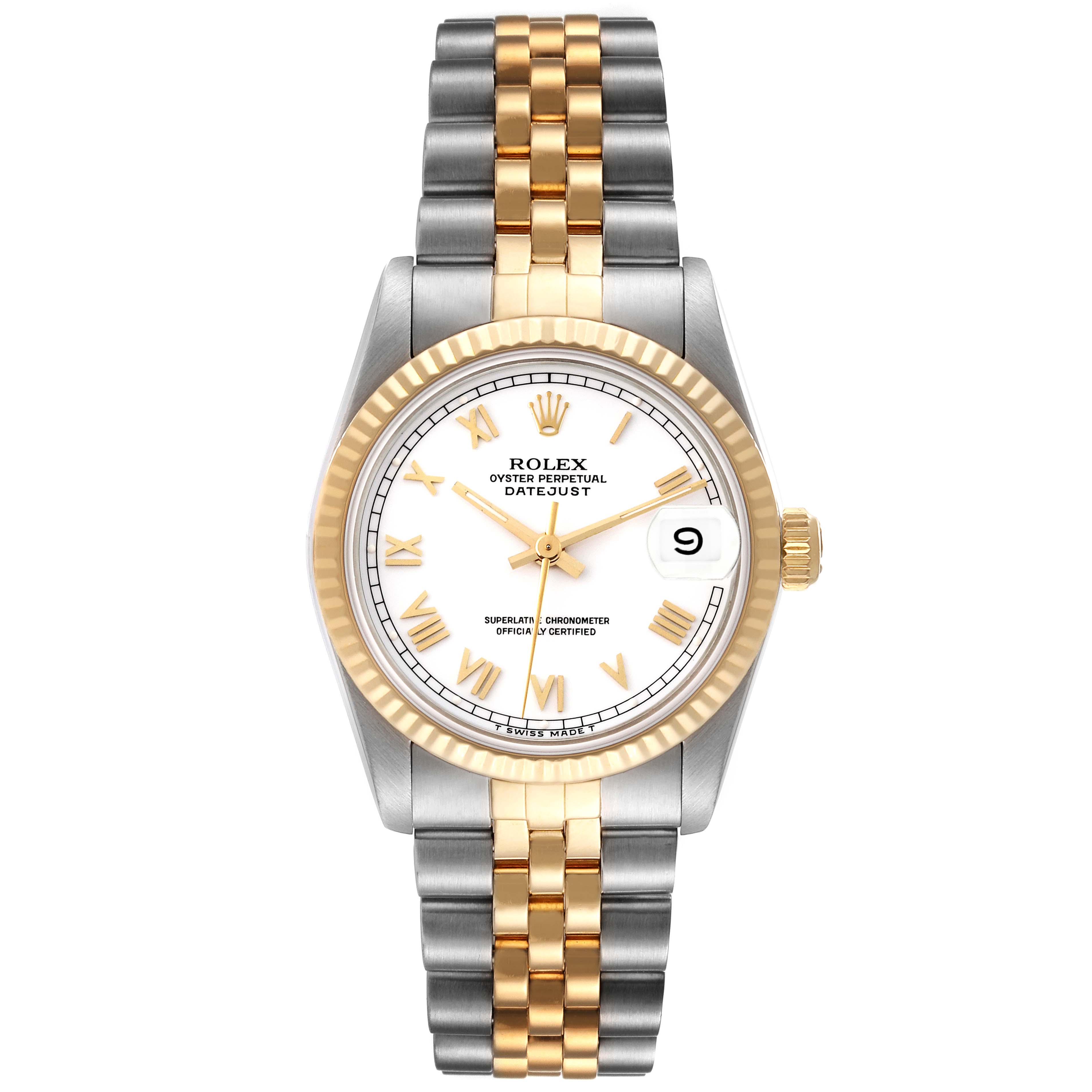This image shows a Rolex Mid-Size 68273 Women's Steel and Gold (two tone) White Dial 68273 Women's Steel and Gold (two tone) White Dial Oyster Perpetual Datejust watch, featuring a front view including its face and bracelet.