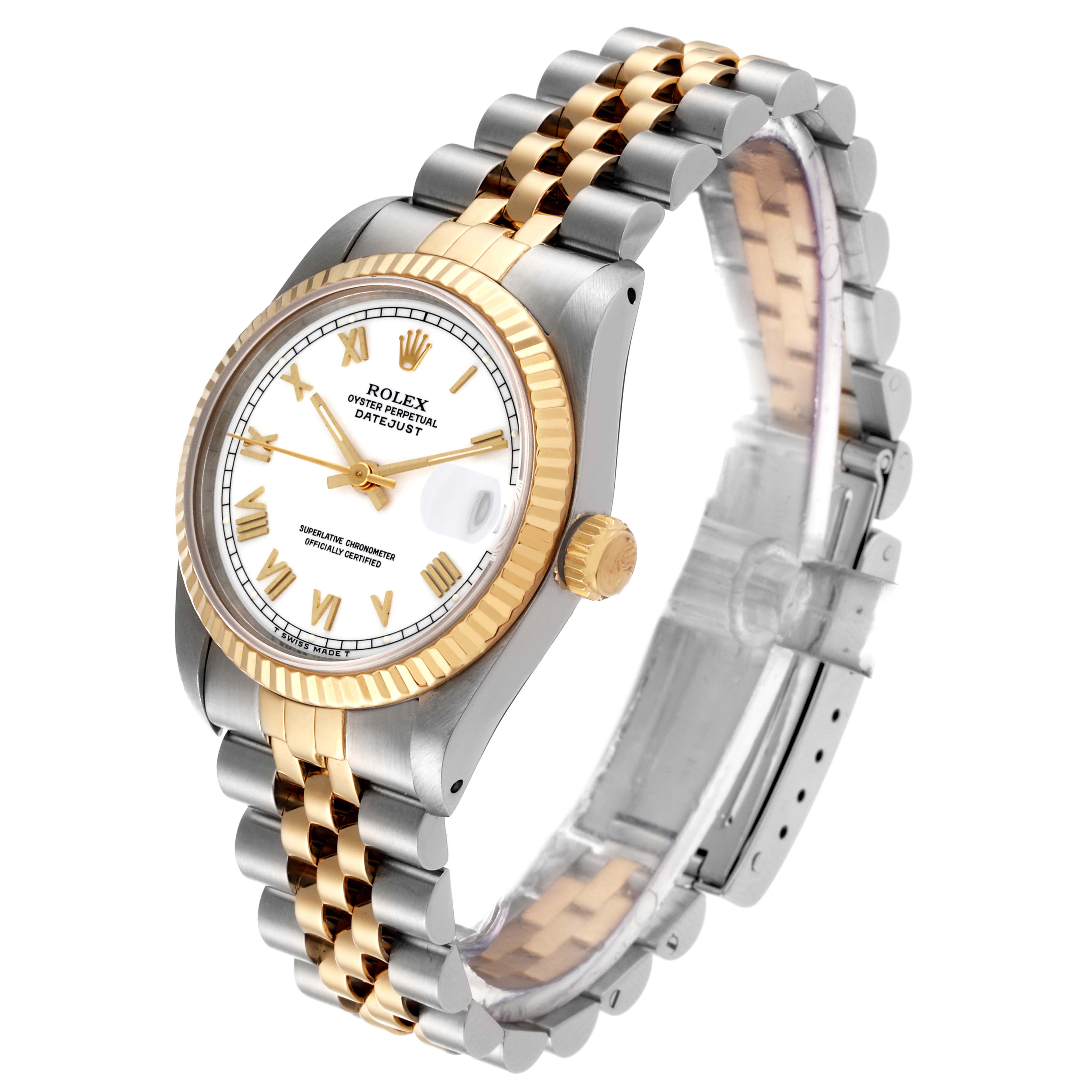 This image shows a Rolex Mid-Size 68273 Women's Steel and Gold (two tone) White Dial 68273 Women's Steel and Gold (two tone) White Dial Datejust watch at an oblique angle, highlighting the dial, bezel, and two-tone bracelet.