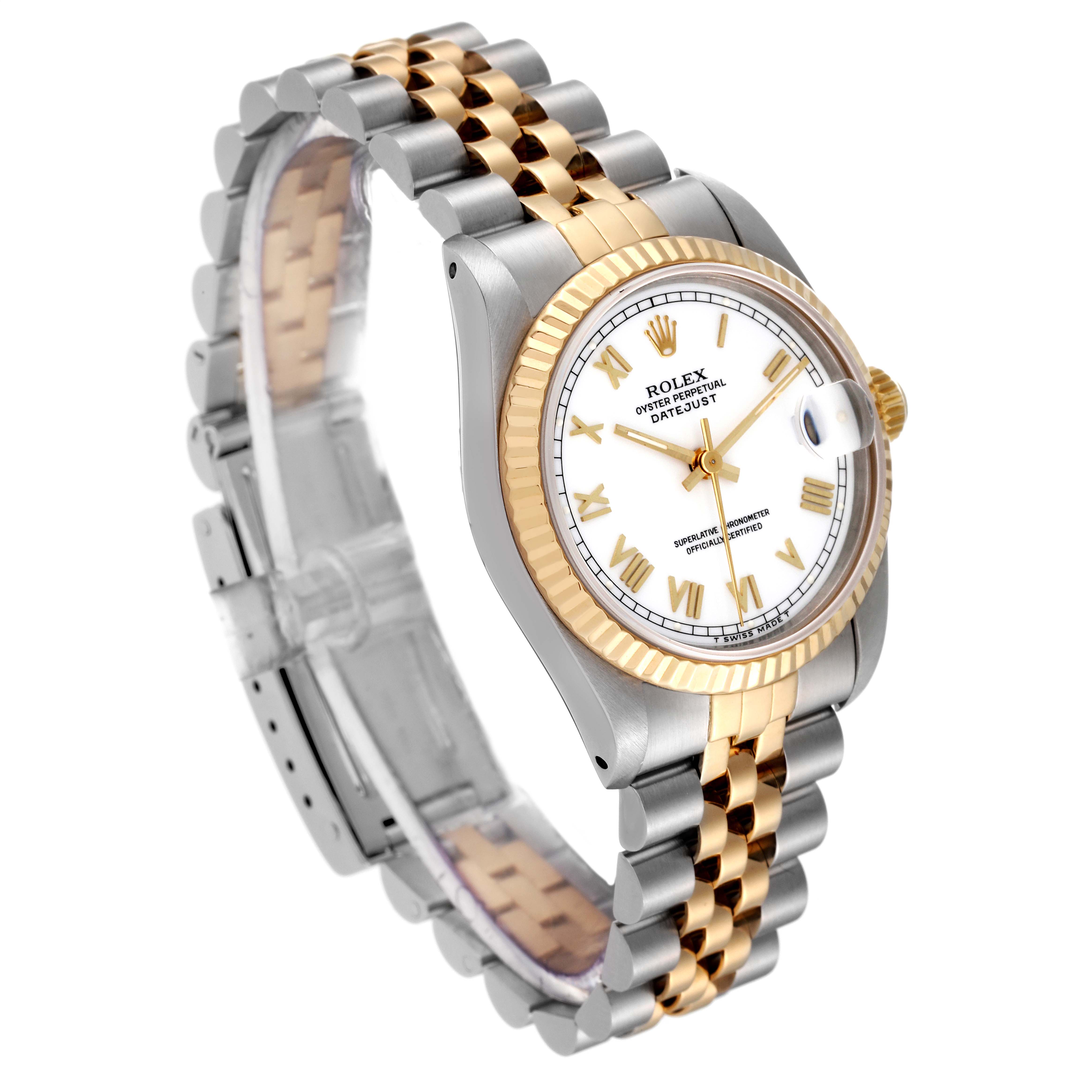 The image shows a Rolex Datejust Mid-Size watch at a three-quarter angle, displaying its face, bezel, and two-tone bracelet.
