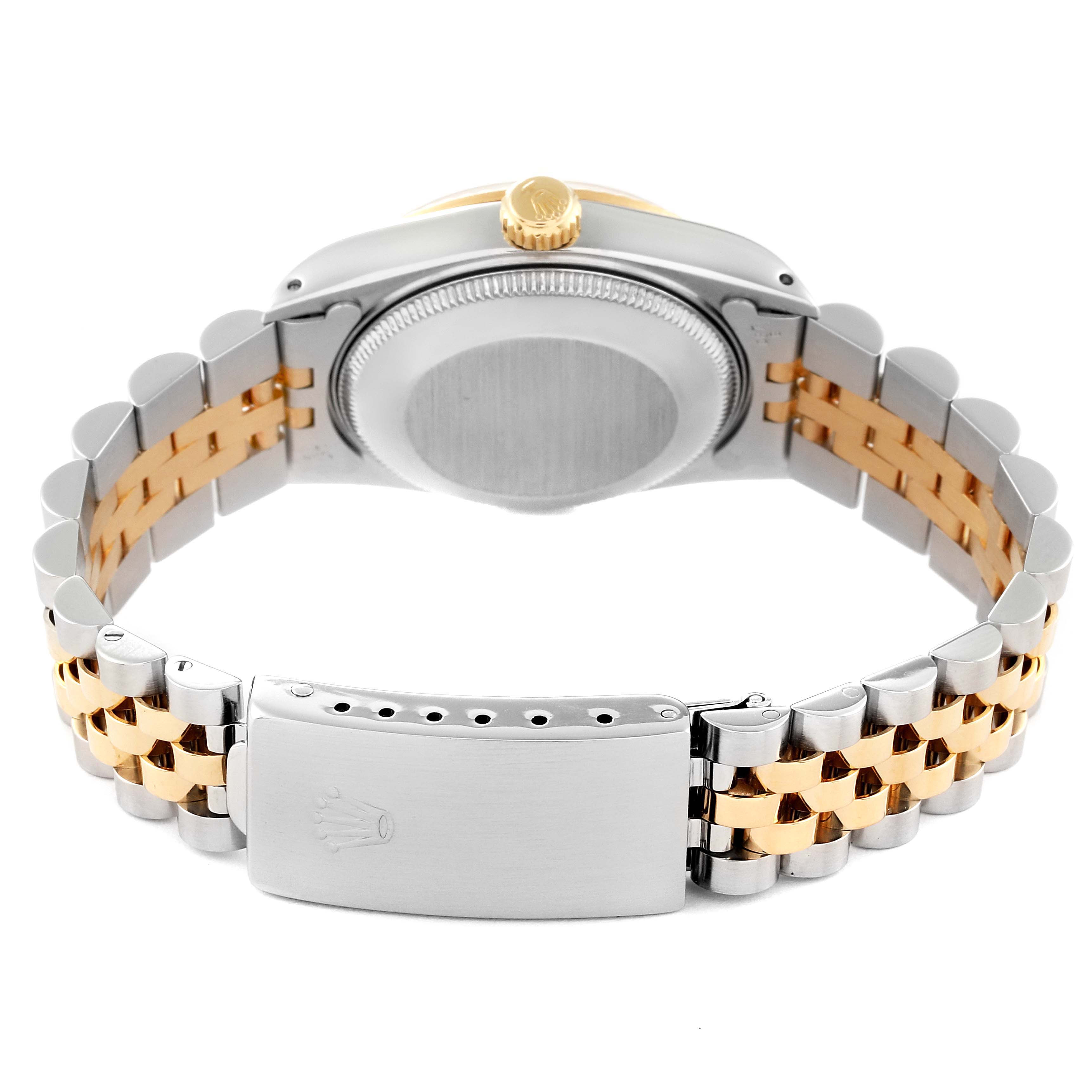 This image shows the back view of a Rolex Mid-Size 68273 Women's Steel and Gold (two tone) White Dial 68273 Women's Steel and Gold (two tone) White Dial watch, highlighting the bracelet clasp and case back.