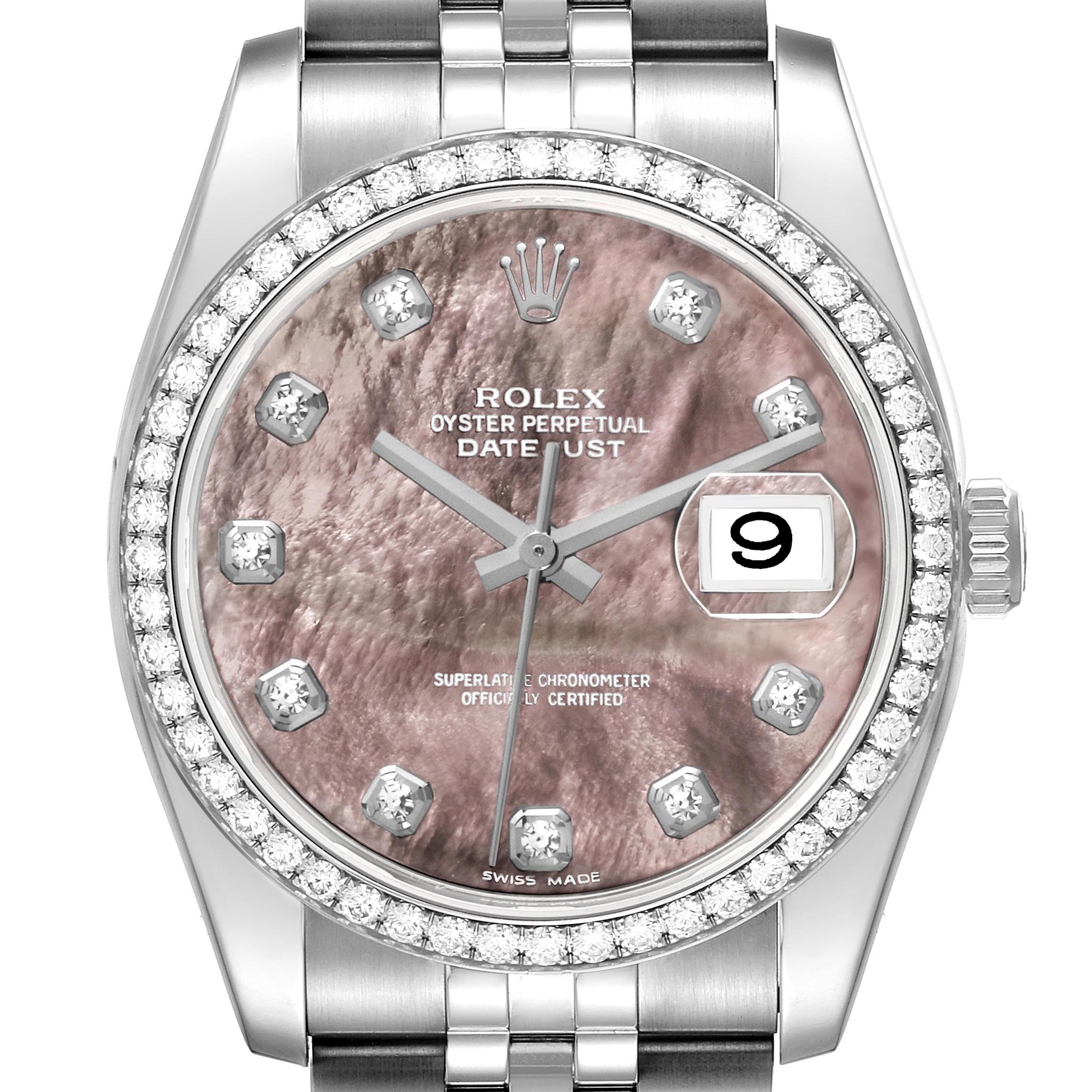 The Rolex Datejust 116244 Men's Stainless Steel Mother of Pearl Dial 116244 Men's Stainless Steel Mother of Pearl Dial watch is shown from the front, displaying the dial, diamond bezel, hands, date, and part of the bracelet.