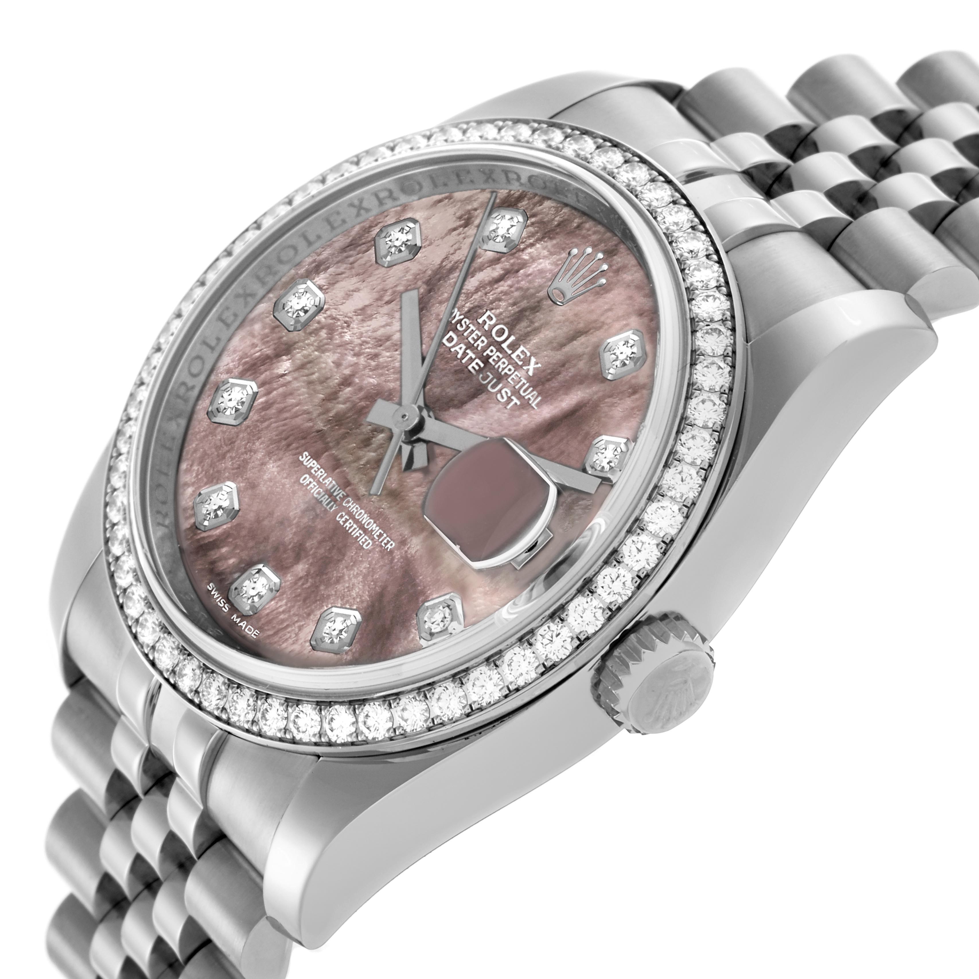 The Rolex Datejust 116244 Men's Stainless Steel Mother of Pearl Dial 116244 Men's Stainless Steel Mother of Pearl Dial watch is shown from an angled view, highlighting the bezel, crown, and bracelet.