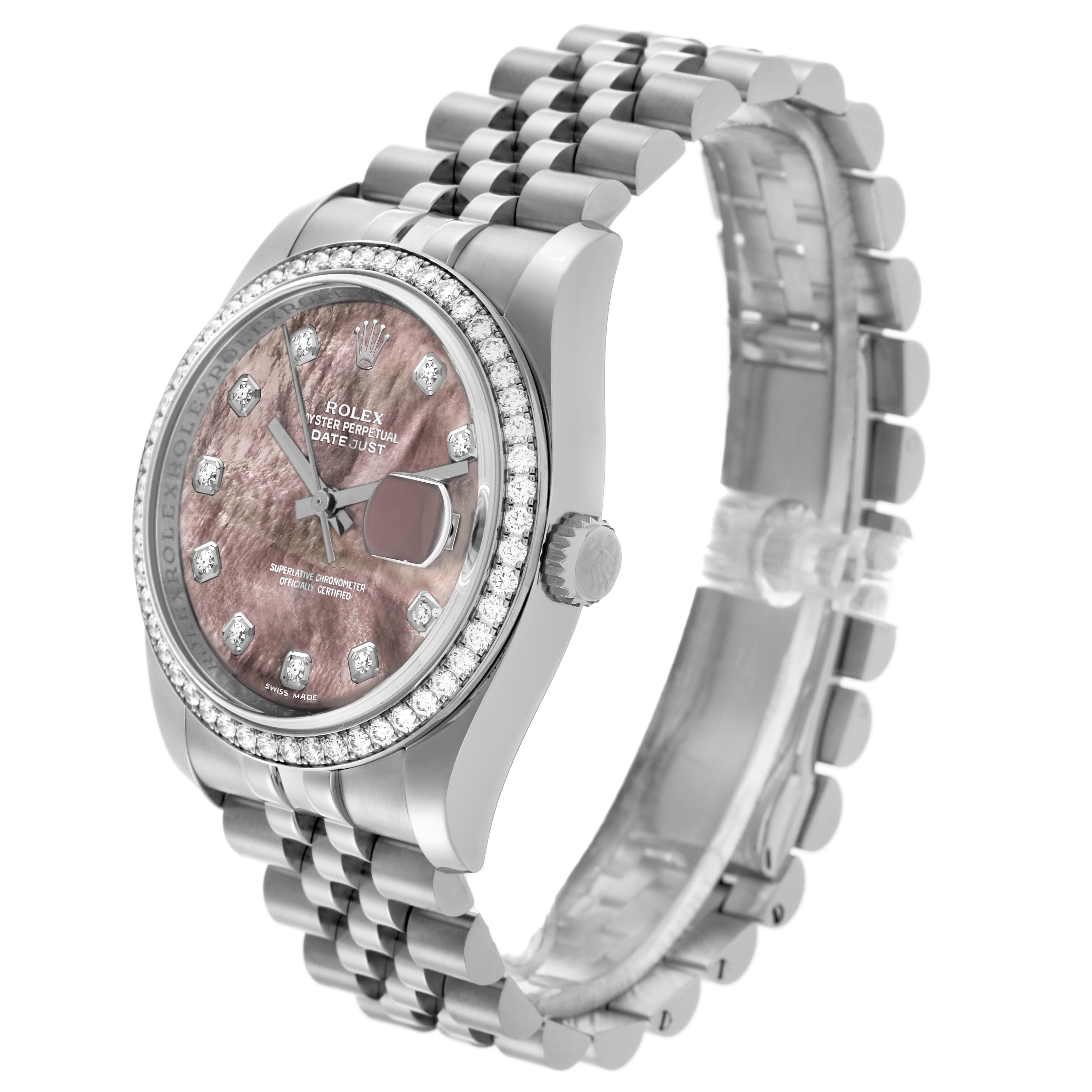 The Rolex Datejust 116244 Men's Stainless Steel Mother of Pearl Dial 116244 Men's Stainless Steel Mother of Pearl Dial watch is shown at an angled side view, highlighting the face, bezel, crown, and part of the bracelet.