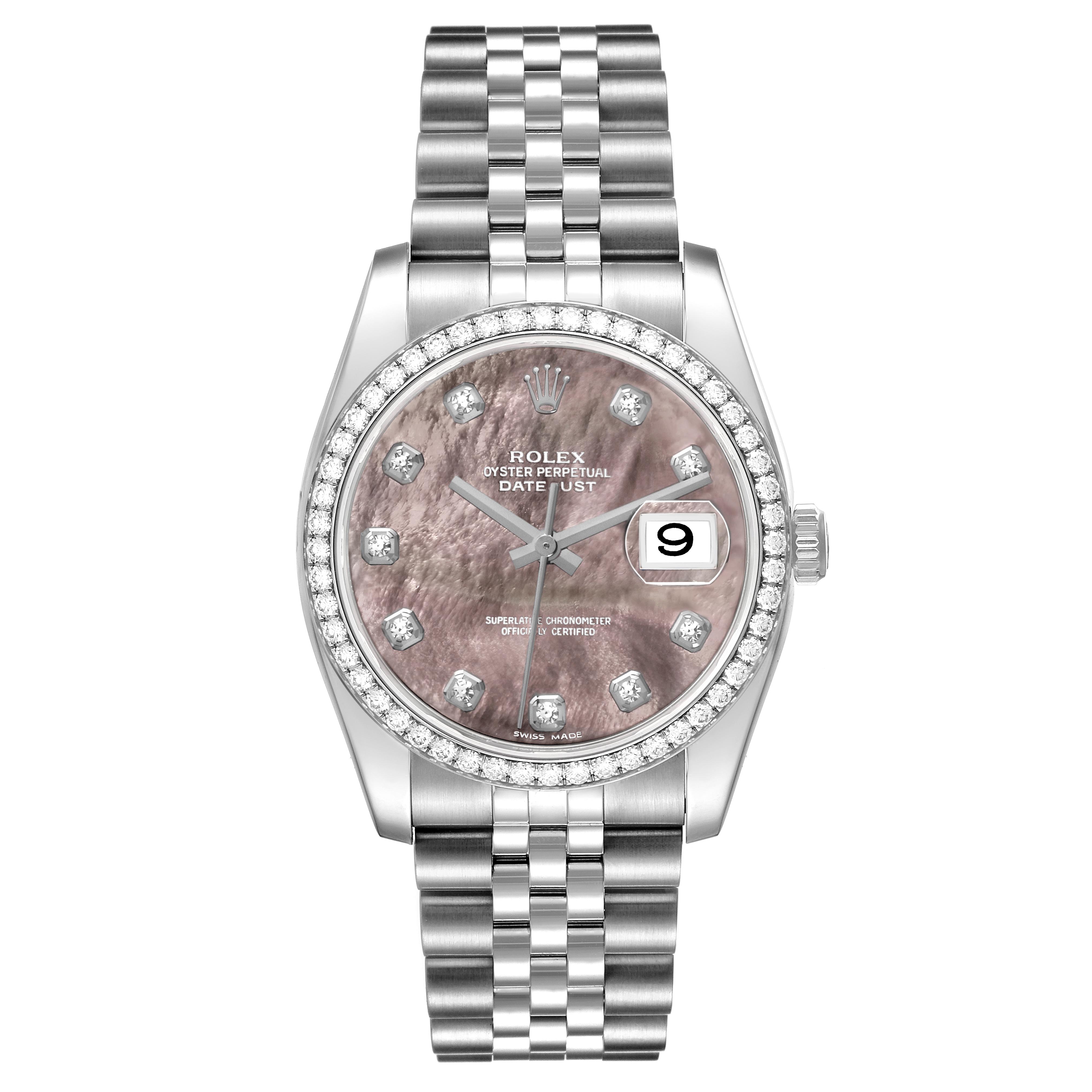 The Rolex Datejust 116244 Men's Stainless Steel Mother of Pearl Dial 116244 Men's Stainless Steel Mother of Pearl Dial watch is shown from a front angle, highlighting the dial, bezel, and Jubilee bracelet.