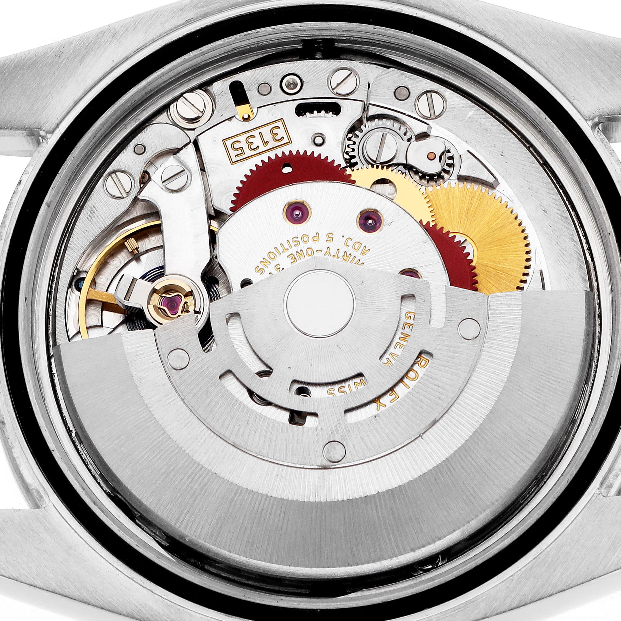 The image shows the movement of a Rolex Datejust 116244 Men's Stainless Steel Mother of Pearl Dial 116244 Men's Stainless Steel Mother of Pearl Dial watch from the back, highlighting gears and mechanical parts.