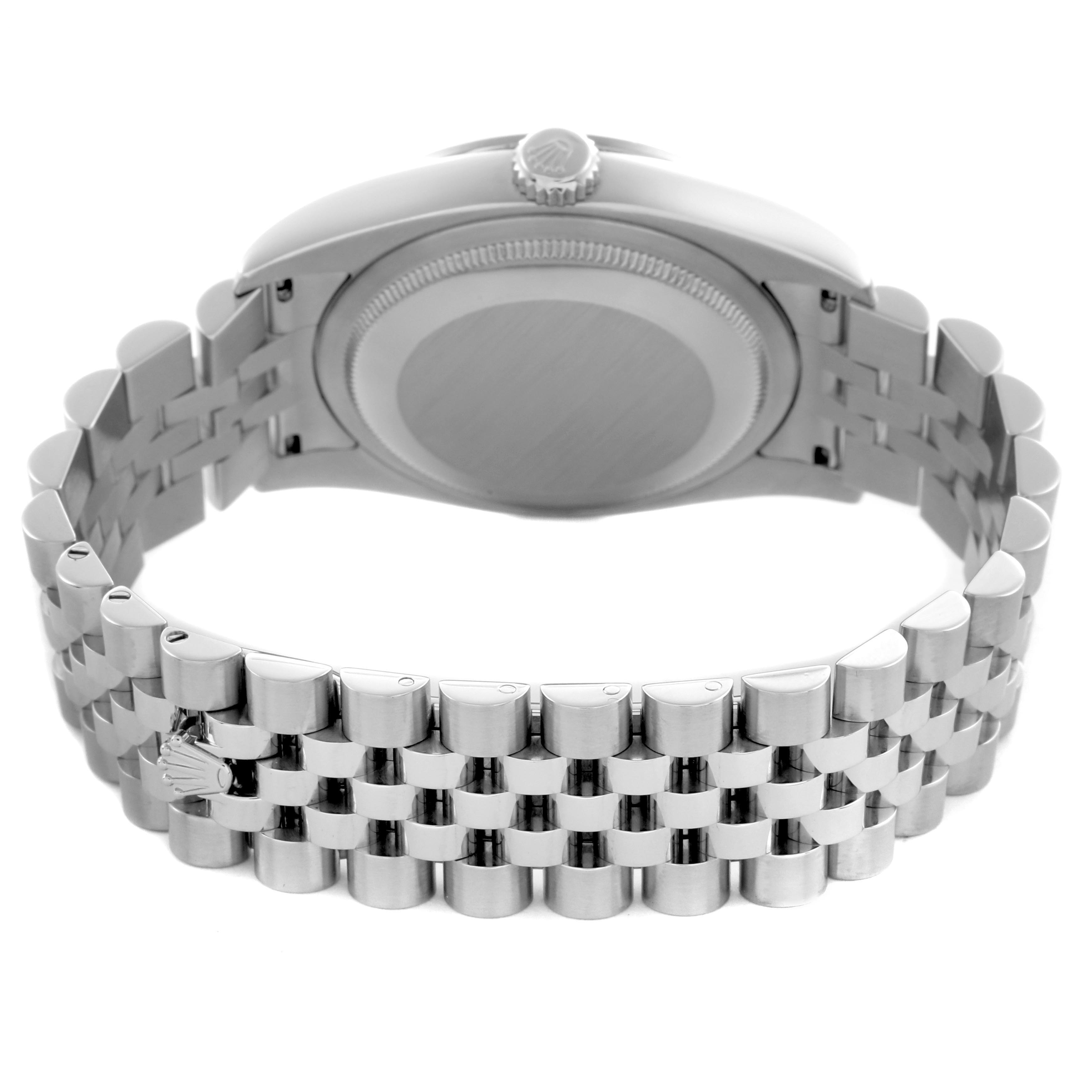 The image shows the back view of a Rolex Datejust 116244 Men's Stainless Steel Mother of Pearl Dial 116244 Men's Stainless Steel Mother of Pearl Dial, highlighting the case back and Jubilee bracelet.