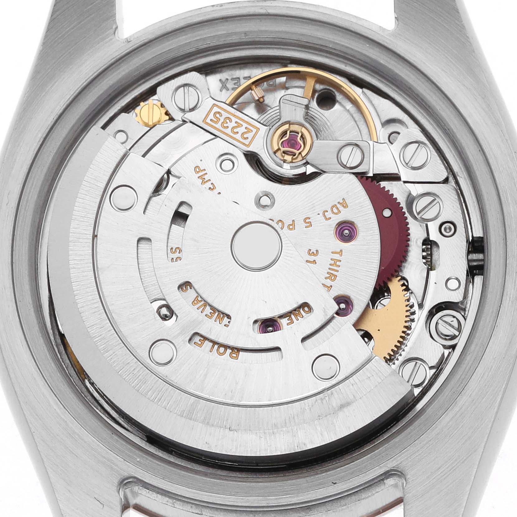 The image shows the movement mechanism of a Rolex Datejust 179171 Women's Steel and Gold (two tone) White Dial 179171 Women's Steel and Gold (two tone) White Dial watch from a top-down angle, highlighting the rotor and gears.