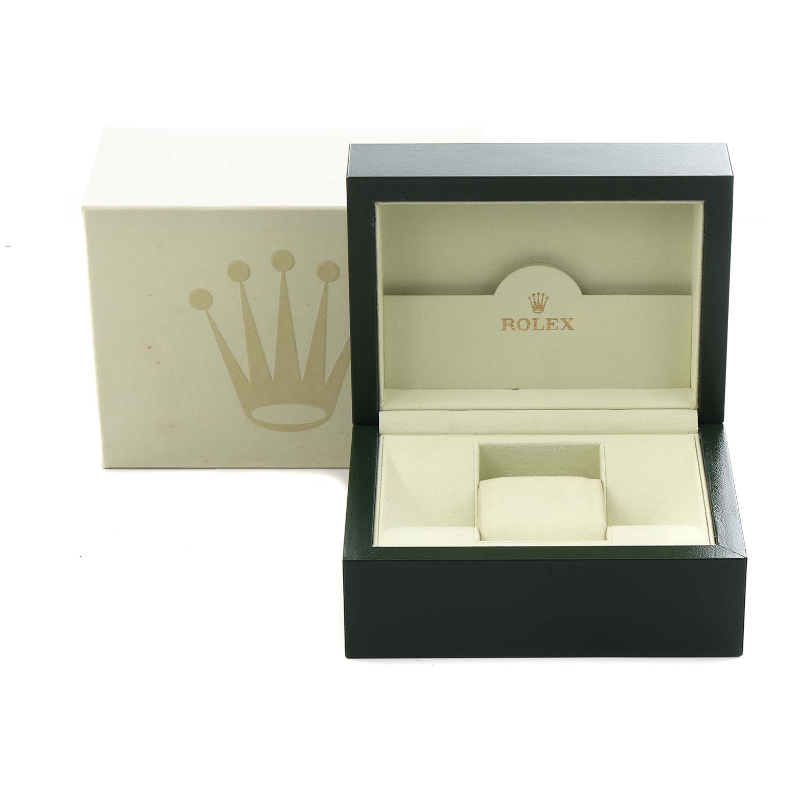 The image shows an open Rolex Datejust 179171 Women's Steel and Gold (two tone) White Dial 179171 Women's Steel and Gold (two tone) White Dial watch box, exhibiting the interior cushion and logo, with the outer box partially visible.