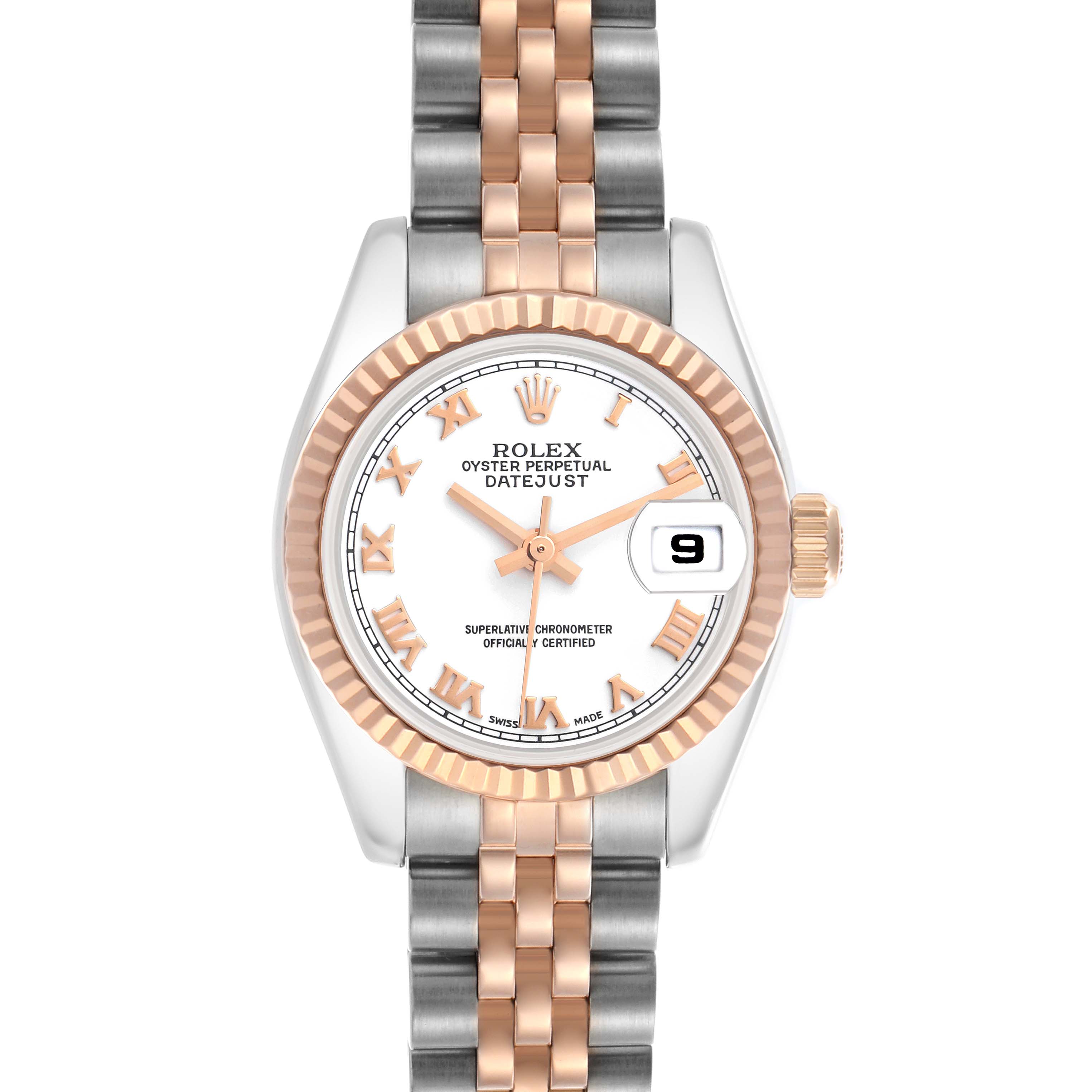 The Rolex Datejust 179171 Women's Steel and Gold (two tone) White Dial 179171 Women's Steel and Gold (two tone) White Dial watch is shown in a straight-on view, featuring the face, bezel, crown, and part of the bracelet.